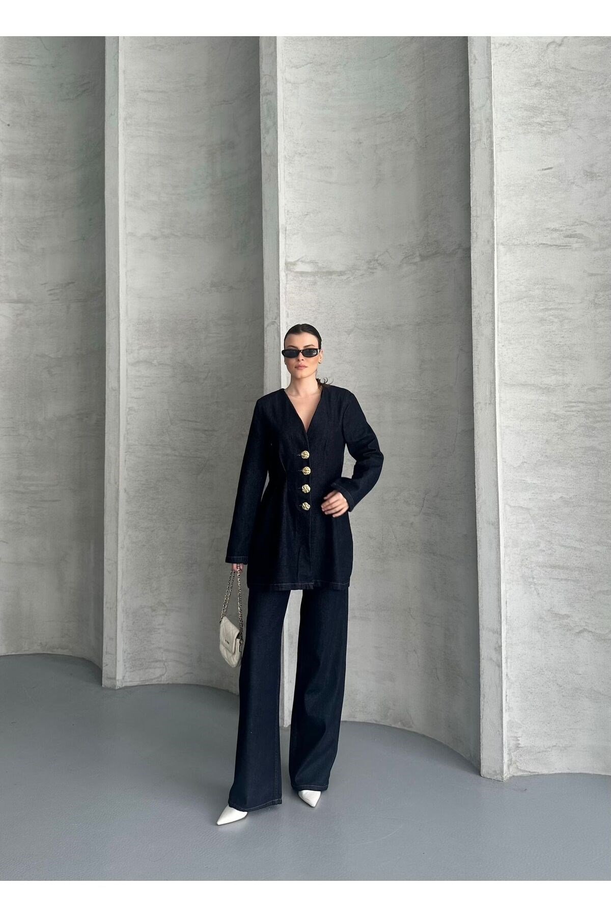 Koyu Lacivert Bağlamalı Denim Takım Oversize Ceket ve Pantolon