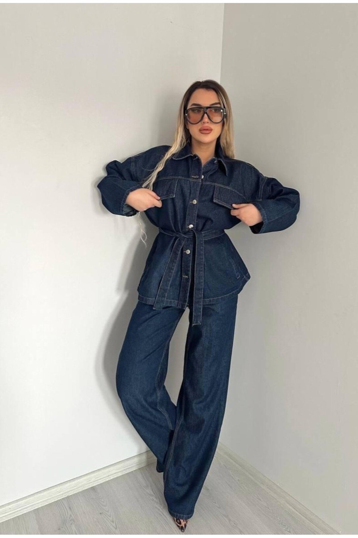 Koyu Lacivert Bağlamalı Denim Takım Oversize Ceket ve Pantolon