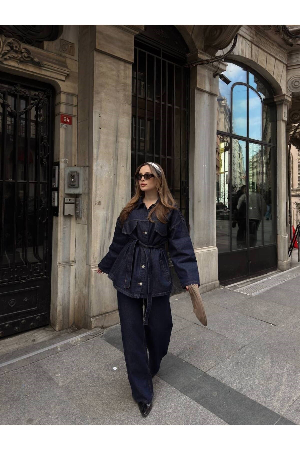 Koyu Lacivert Bağlamalı Denim Takım Oversize Ceket ve Pantolon