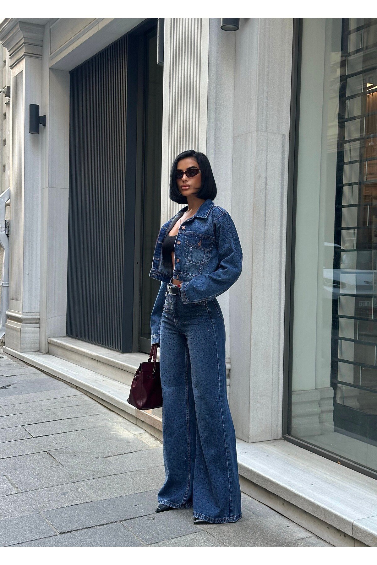 Koyu Lacivert Taşlı Denim Takım Oversize Ceket ve Yüksek Bel Pantolon