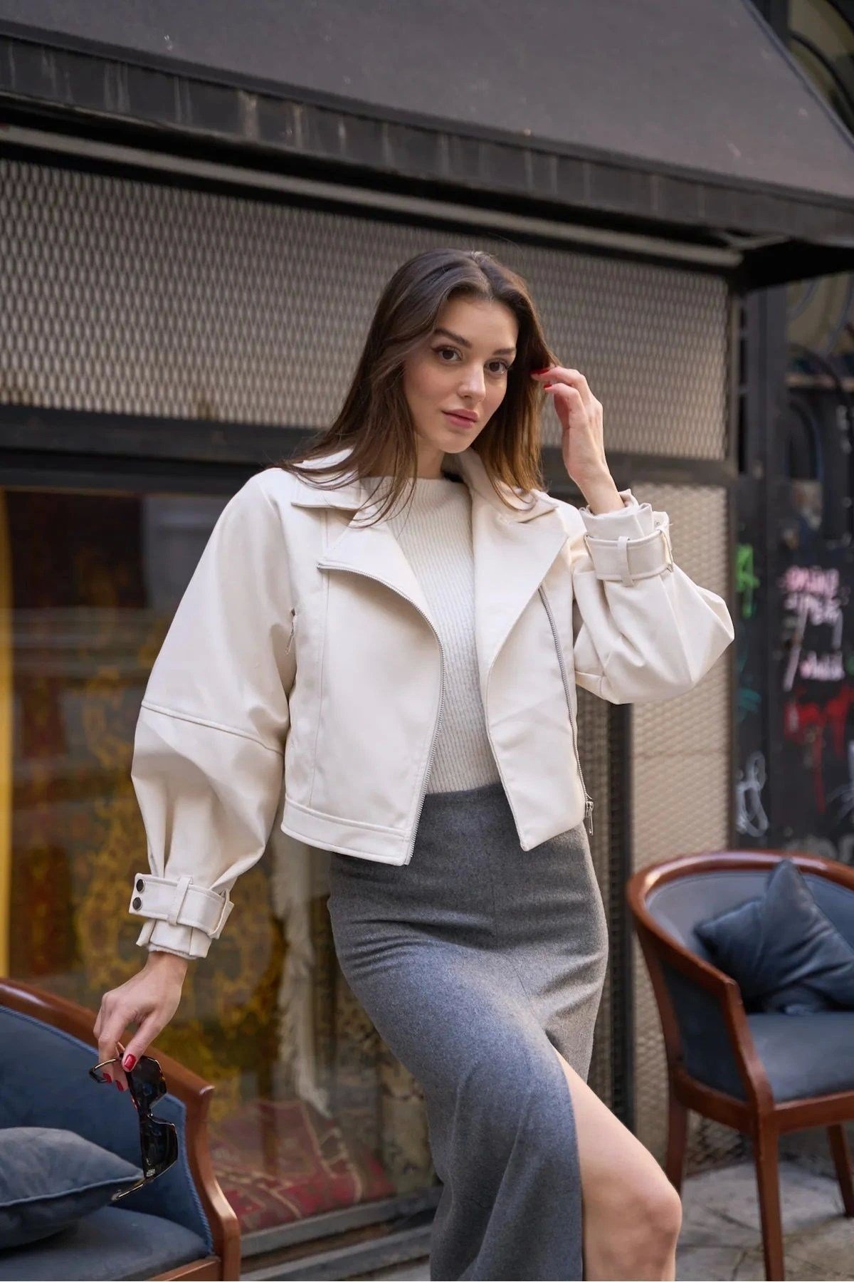 Krem Bomber Ceket