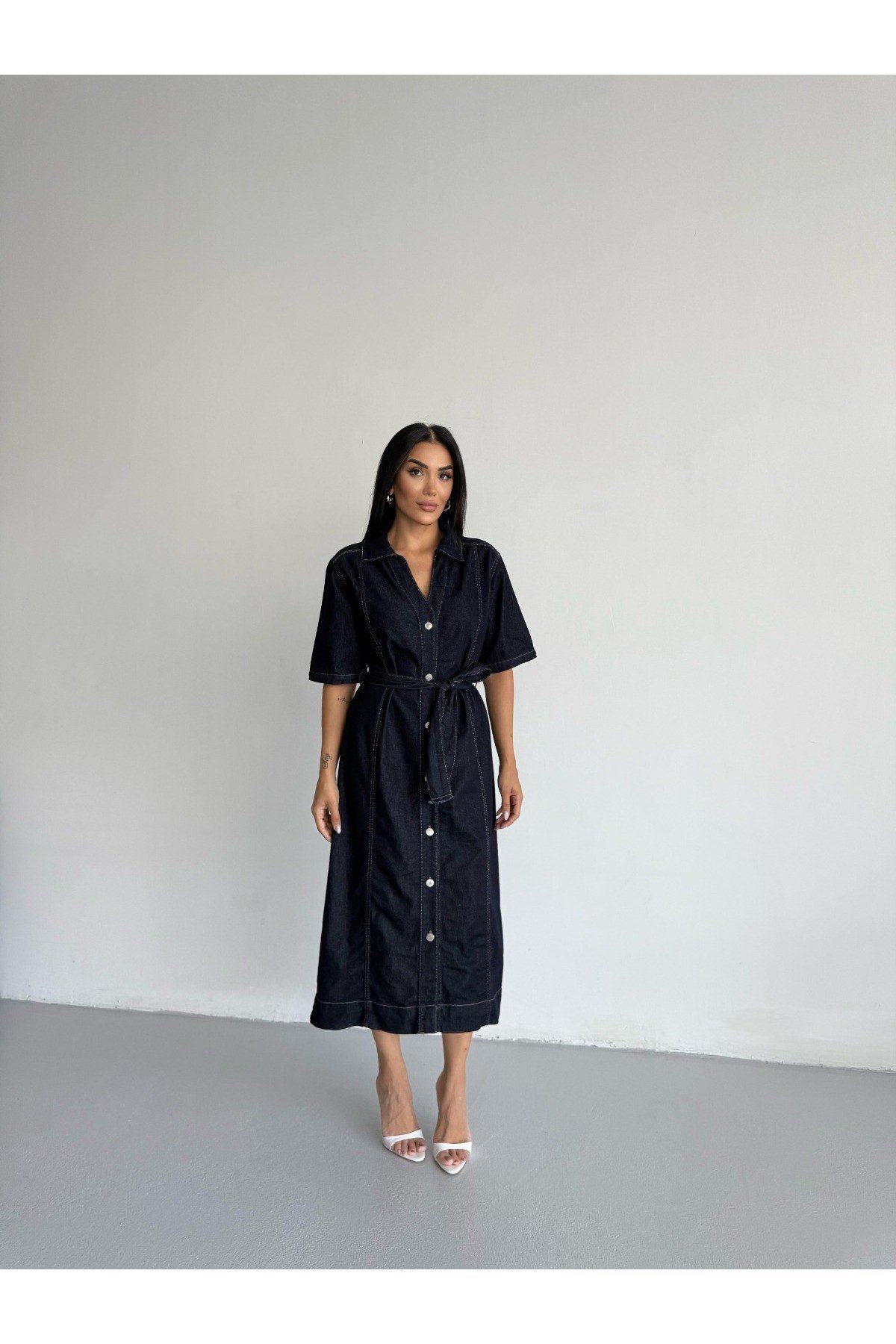 Kuşaklı Modest Kot Elbise