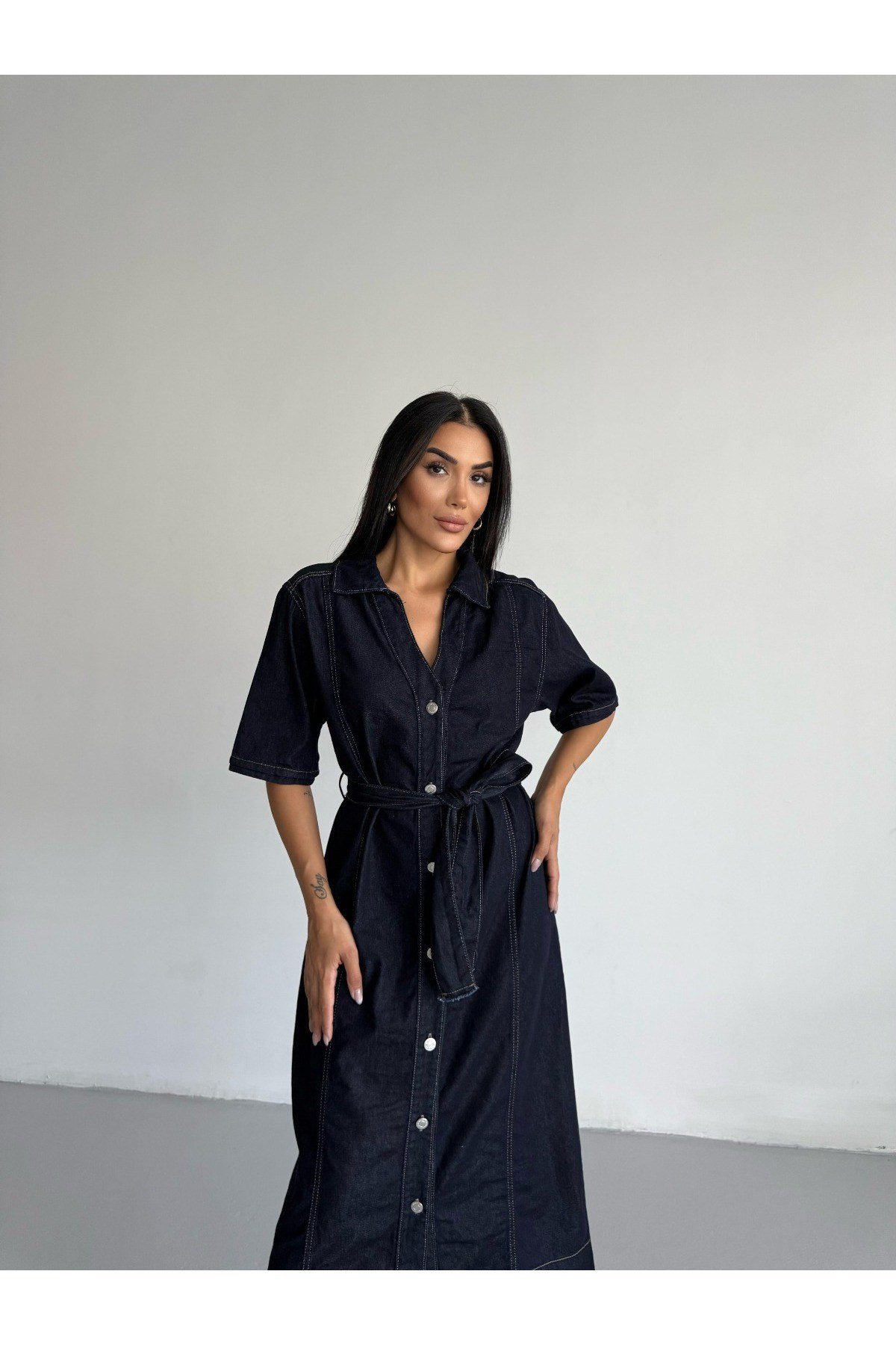Kuşaklı Modest Kot Elbise