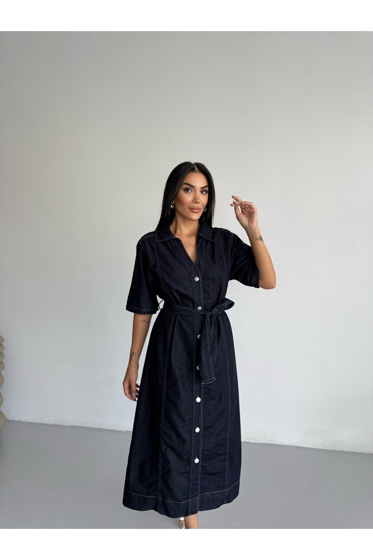 Kuşaklı Modest Kot Elbise