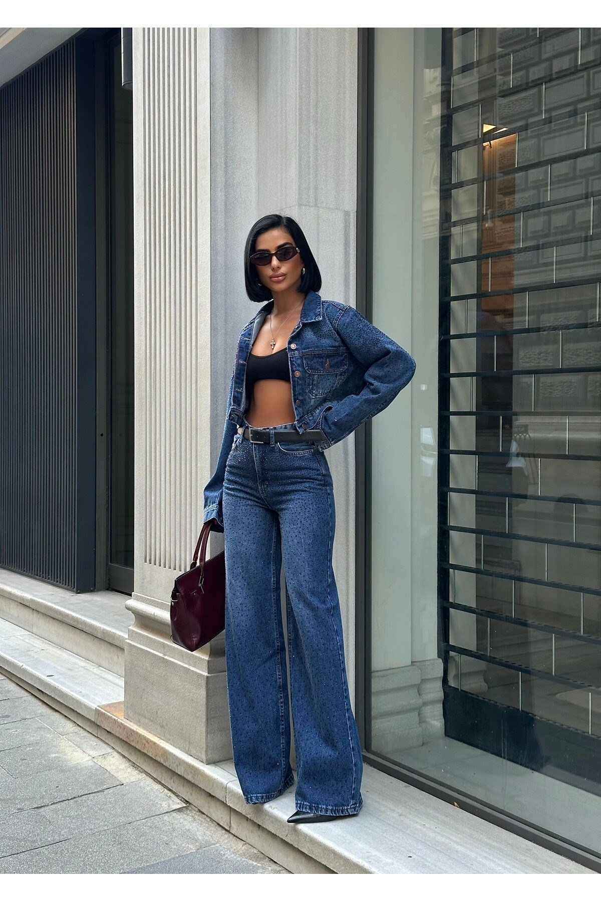 Lacivert Taşlı Denim Viral Takım Oversize Ceket ve Yüksek Bel Pantolon