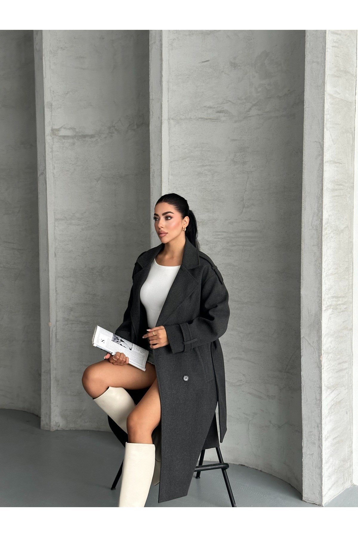 Laura Kuşaklı Yeni Sezon Astarlı Premium Kalite Rahat Kalıp Kadın Kaşe Kaban Mont