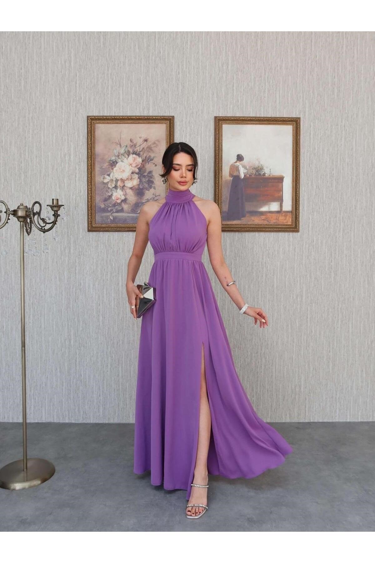 Lila Halter Yaka Yırtmaçlı Uzun Ipek Saten Elbise