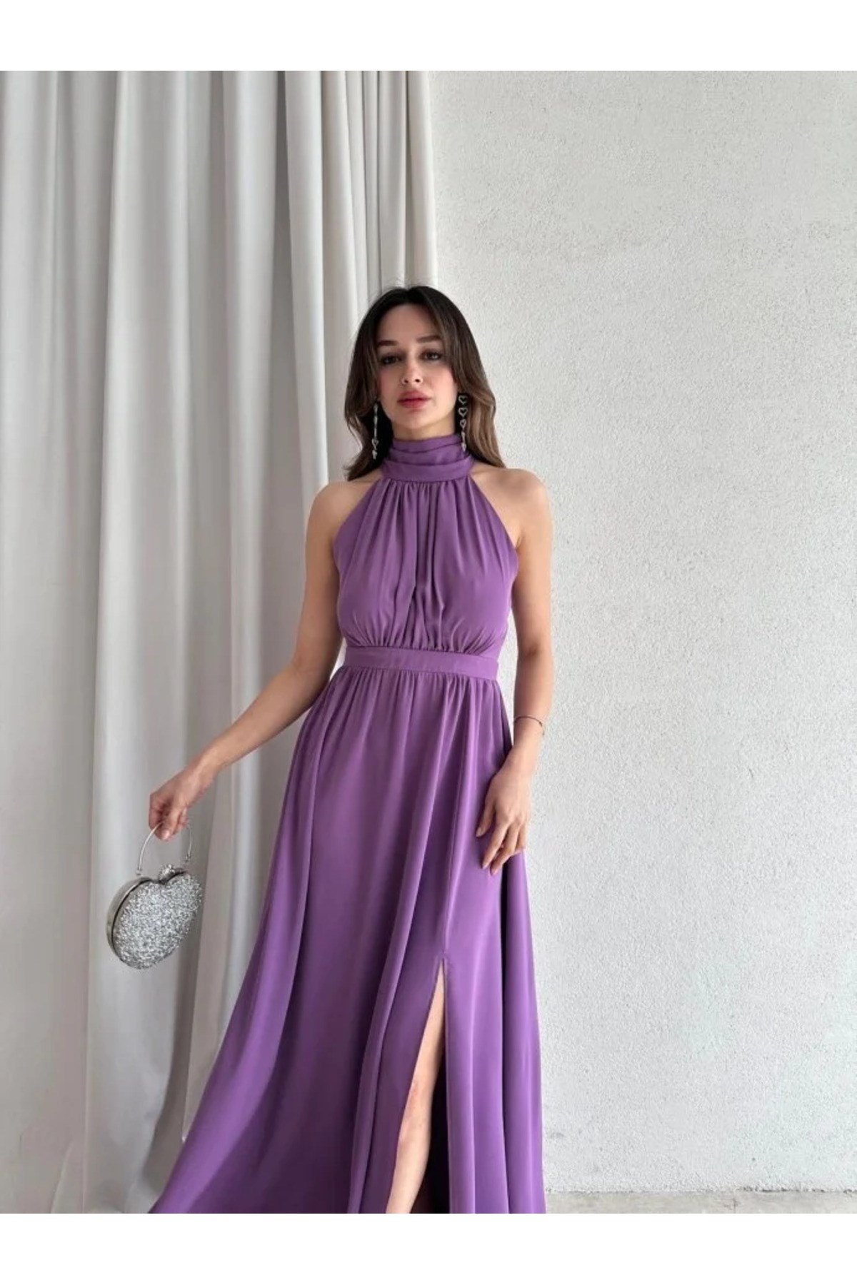 Lila Halter Yaka Yırtmaçlı Uzun Ipek Saten Elbise