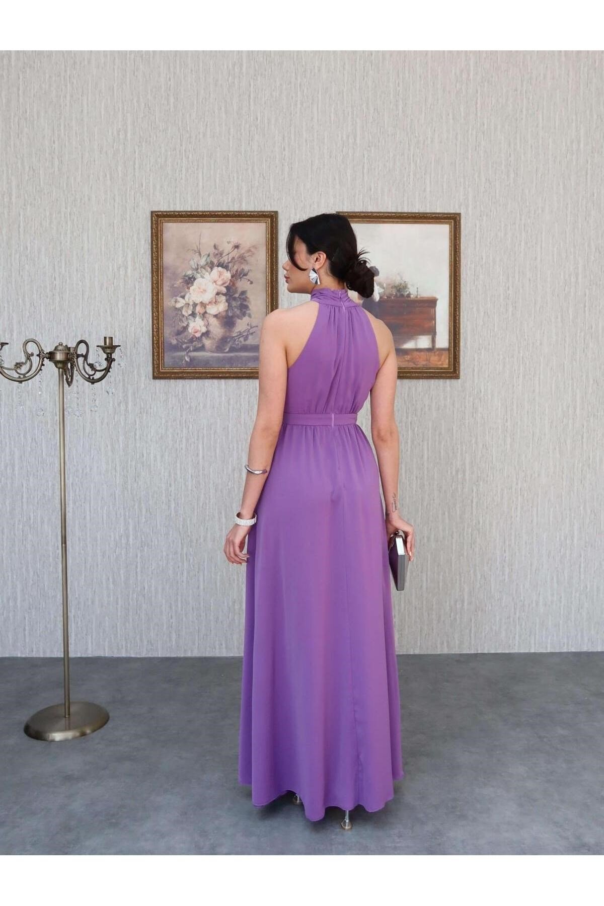 Lila Halter Yaka Yırtmaçlı Uzun Ipek Saten Elbise