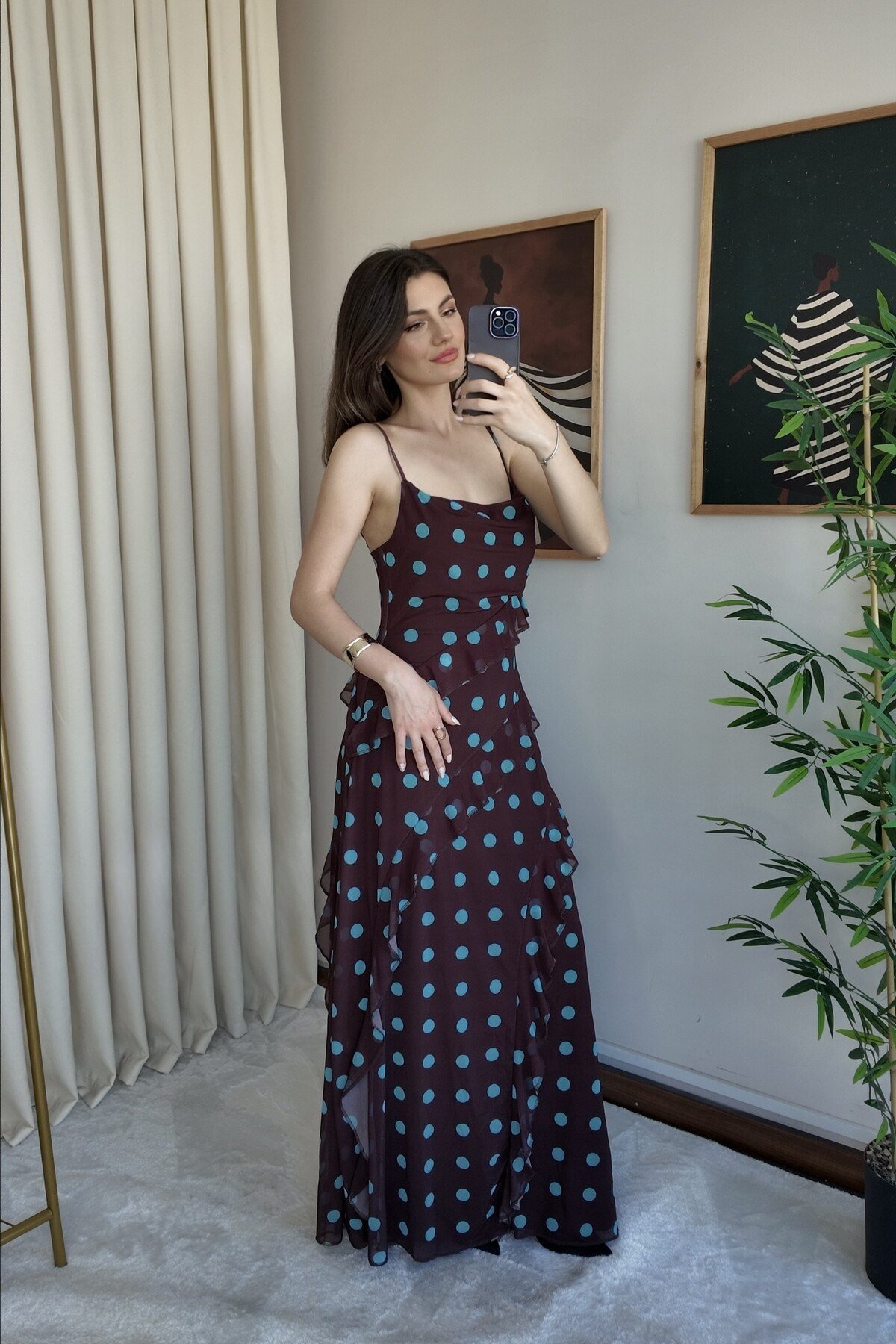 Mavi Puantiyeli Fırfırlı Elbise