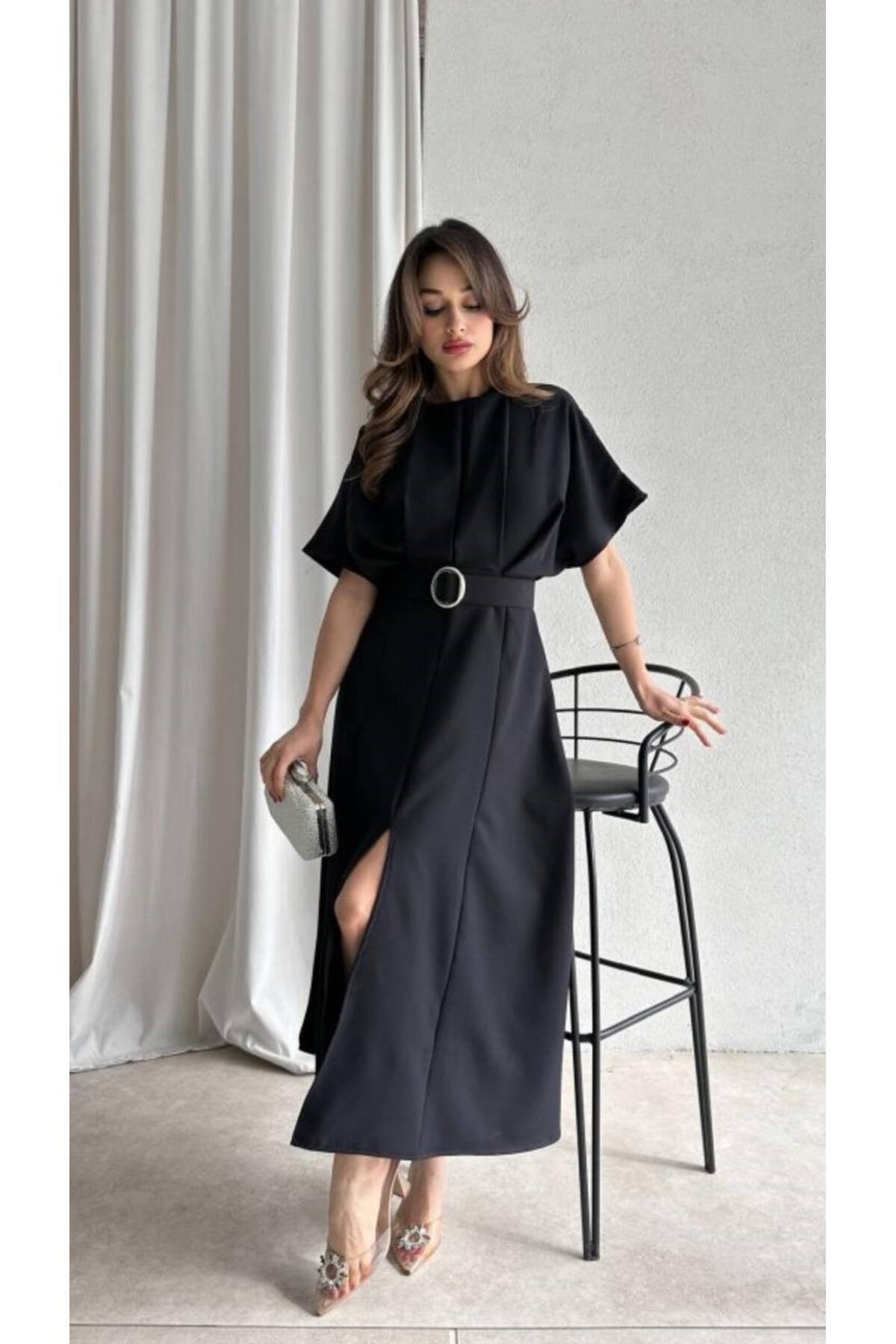 Maxi Siyah Kemerli Elbise