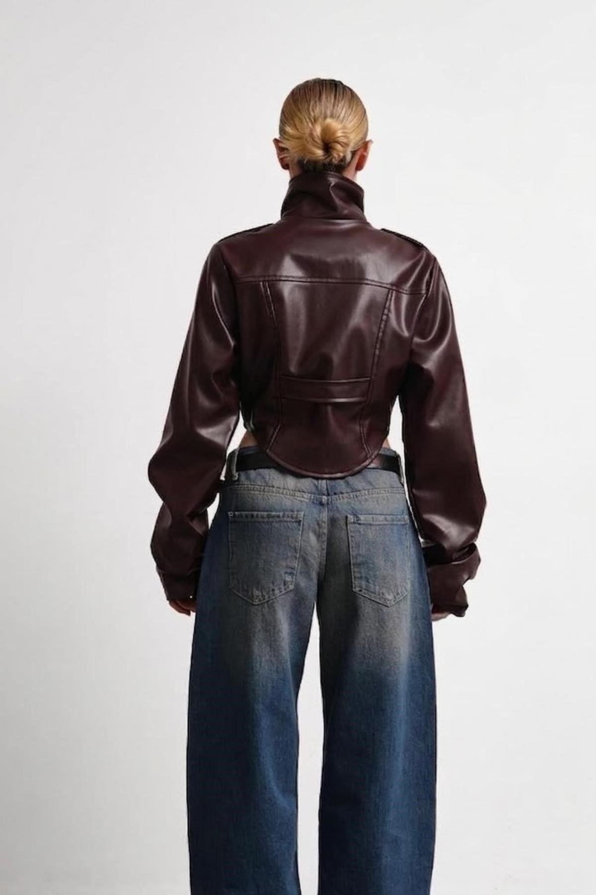 New Season Dik Yaka Motorcu Crop Kadın Deri Ceket