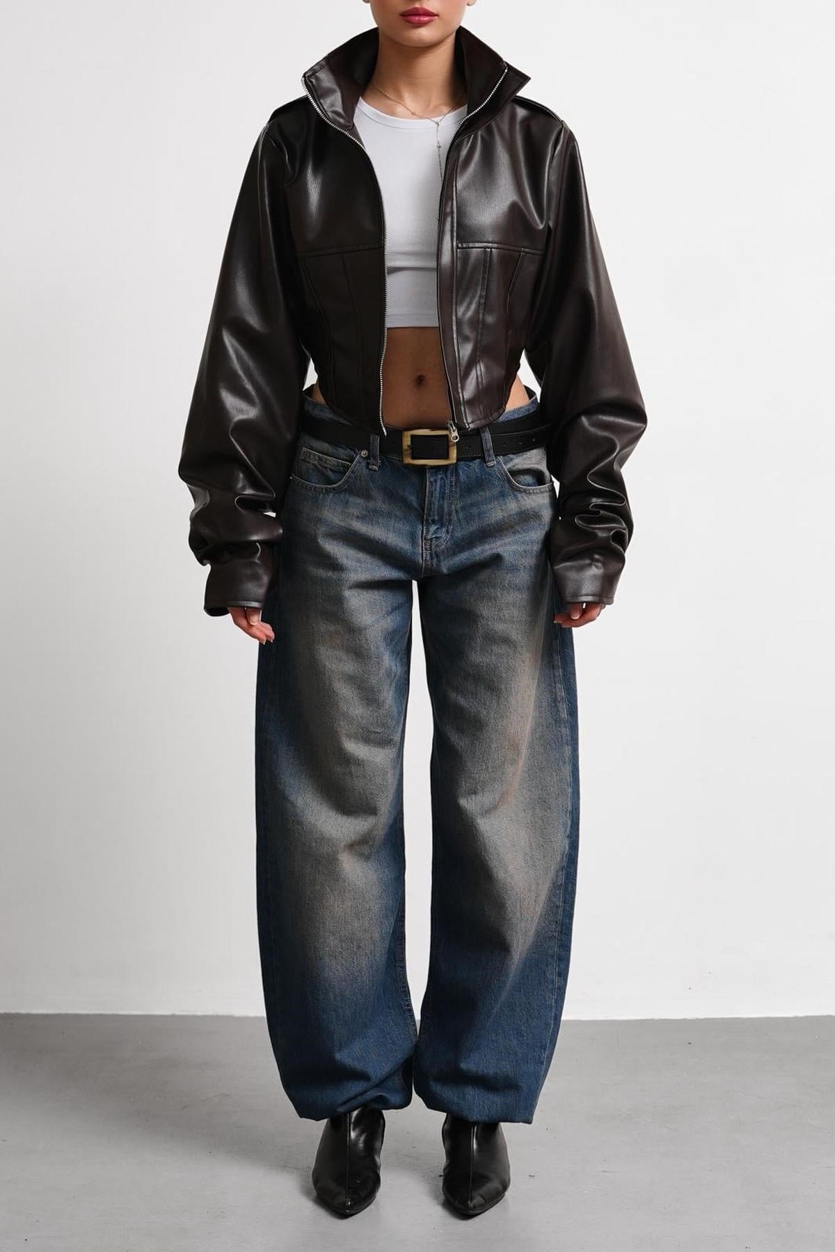 New Season Dik Yaka Motorcu Crop Kadın Deri Ceket