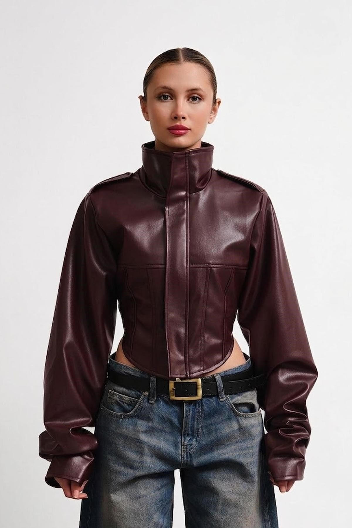 New Season Dik Yaka Motorcu Crop Kadın Deri Ceket