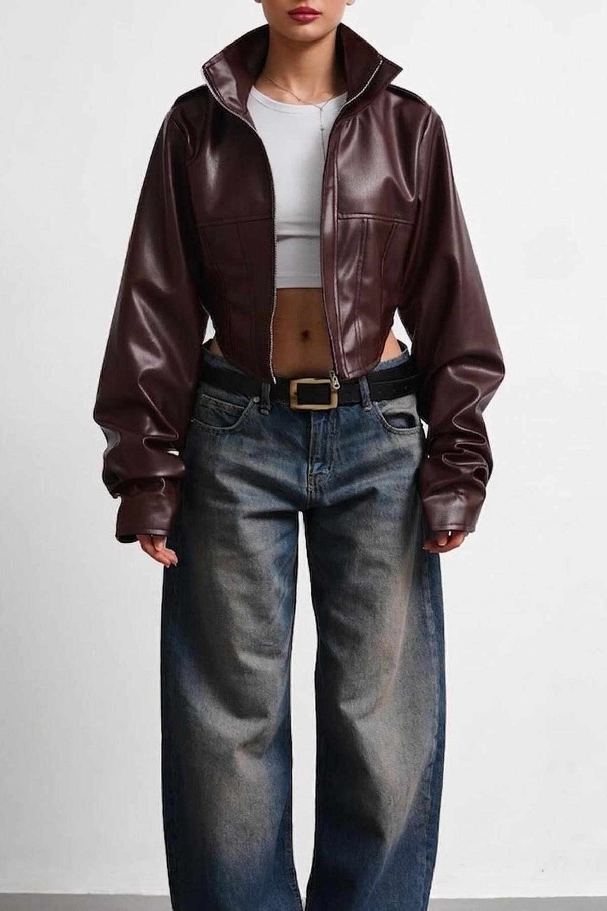 New Season Dik Yaka Motorcu Crop Kadın Deri Ceket