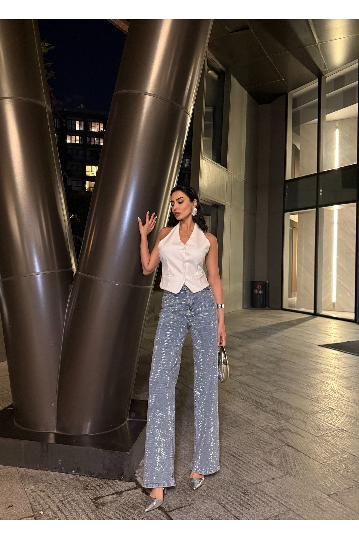 Ön Arka Full Premium Kristal Taşlı Palazzo Jean