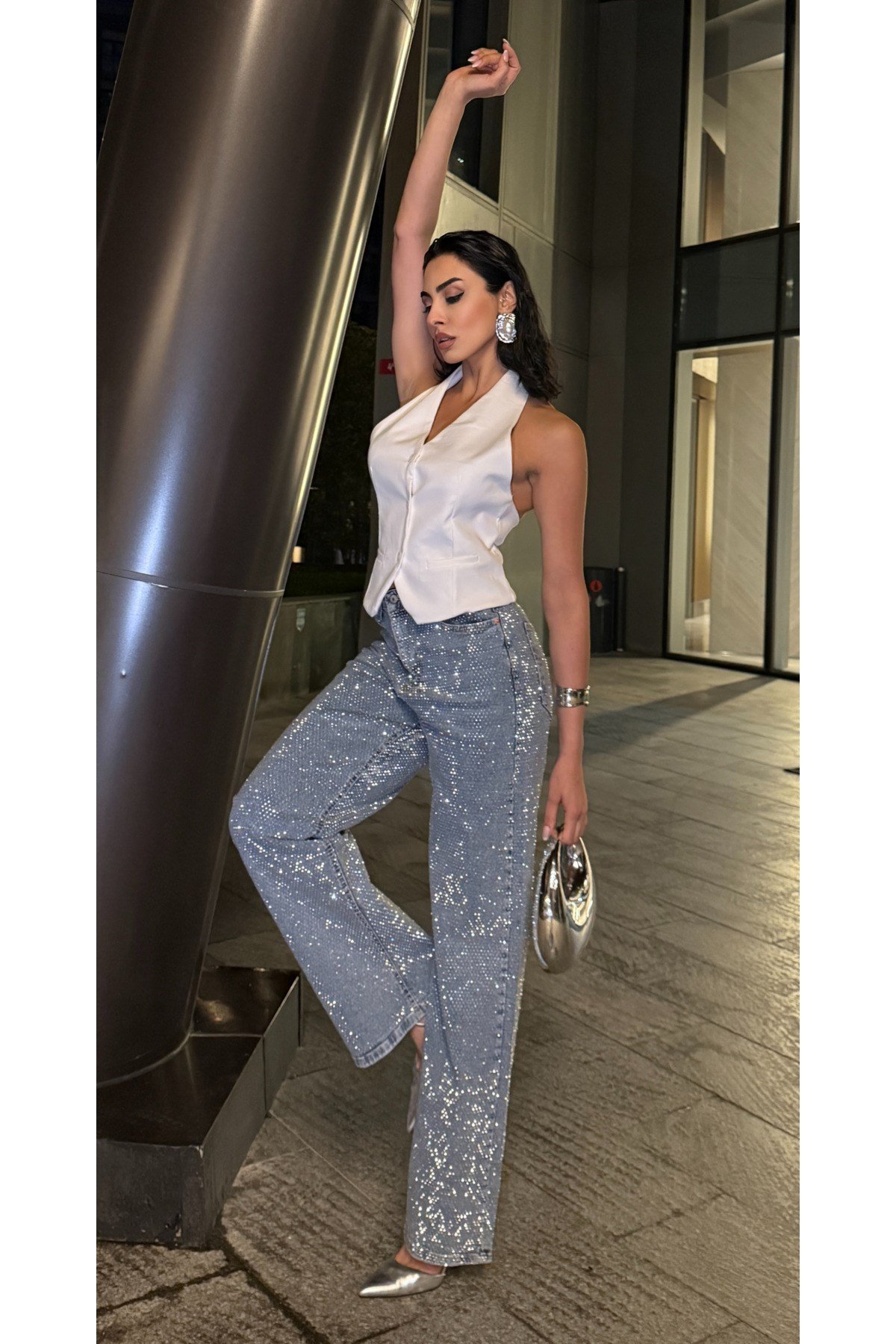 Ön Arka Full Premium Kristal Taşlı Palazzo Jean