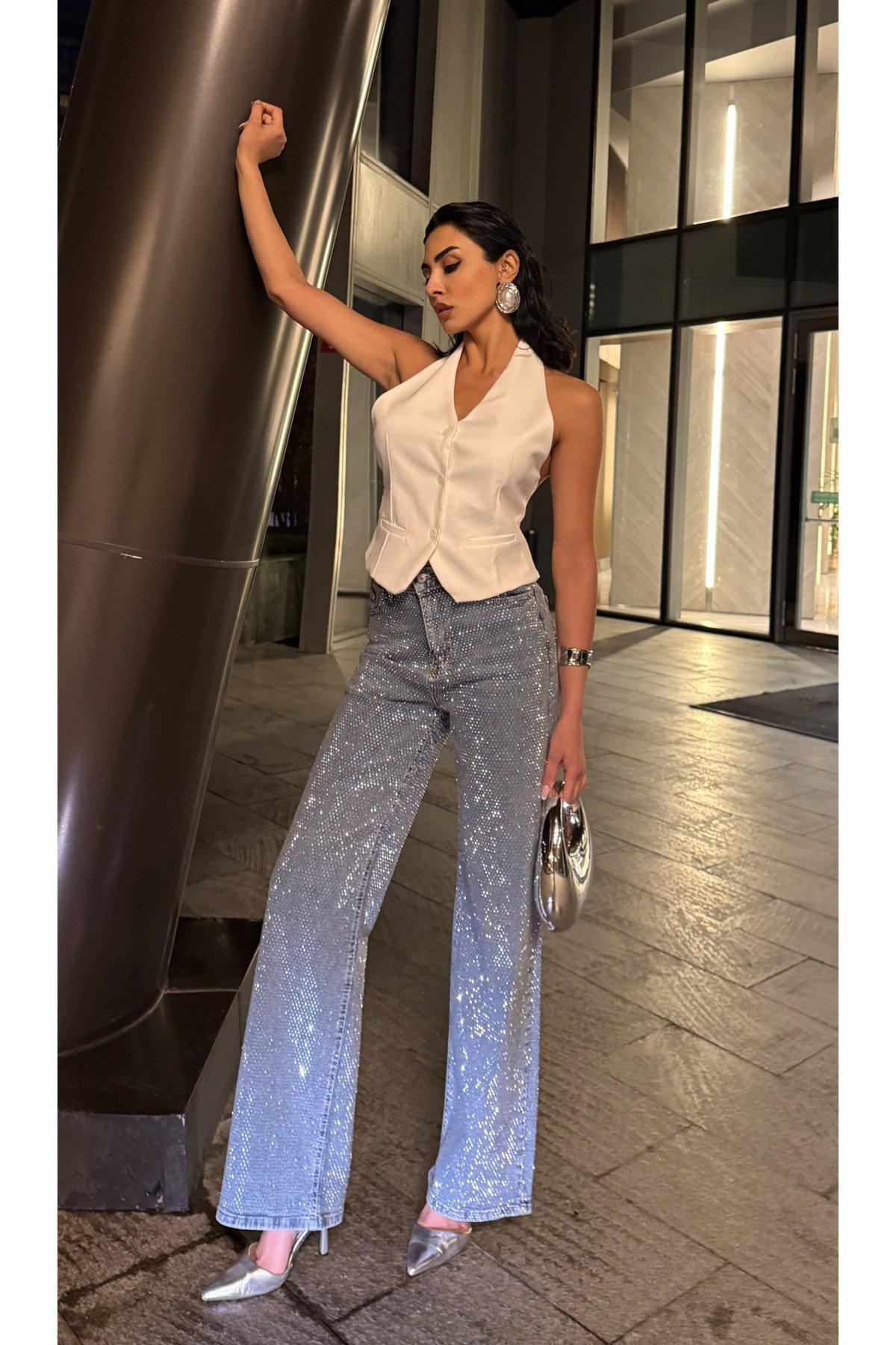 Ön Arka Full Premium Kristal Taşlı Palazzo Jean