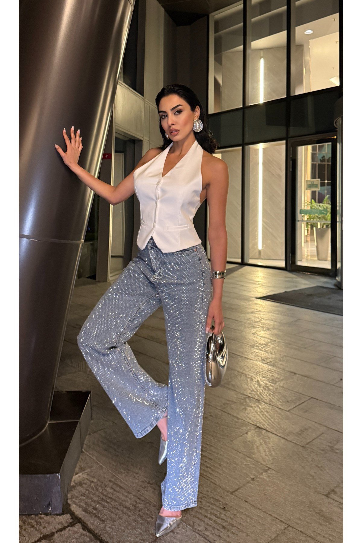Ön Arka Full Premium Kristal Taşlı Palazzo Jean