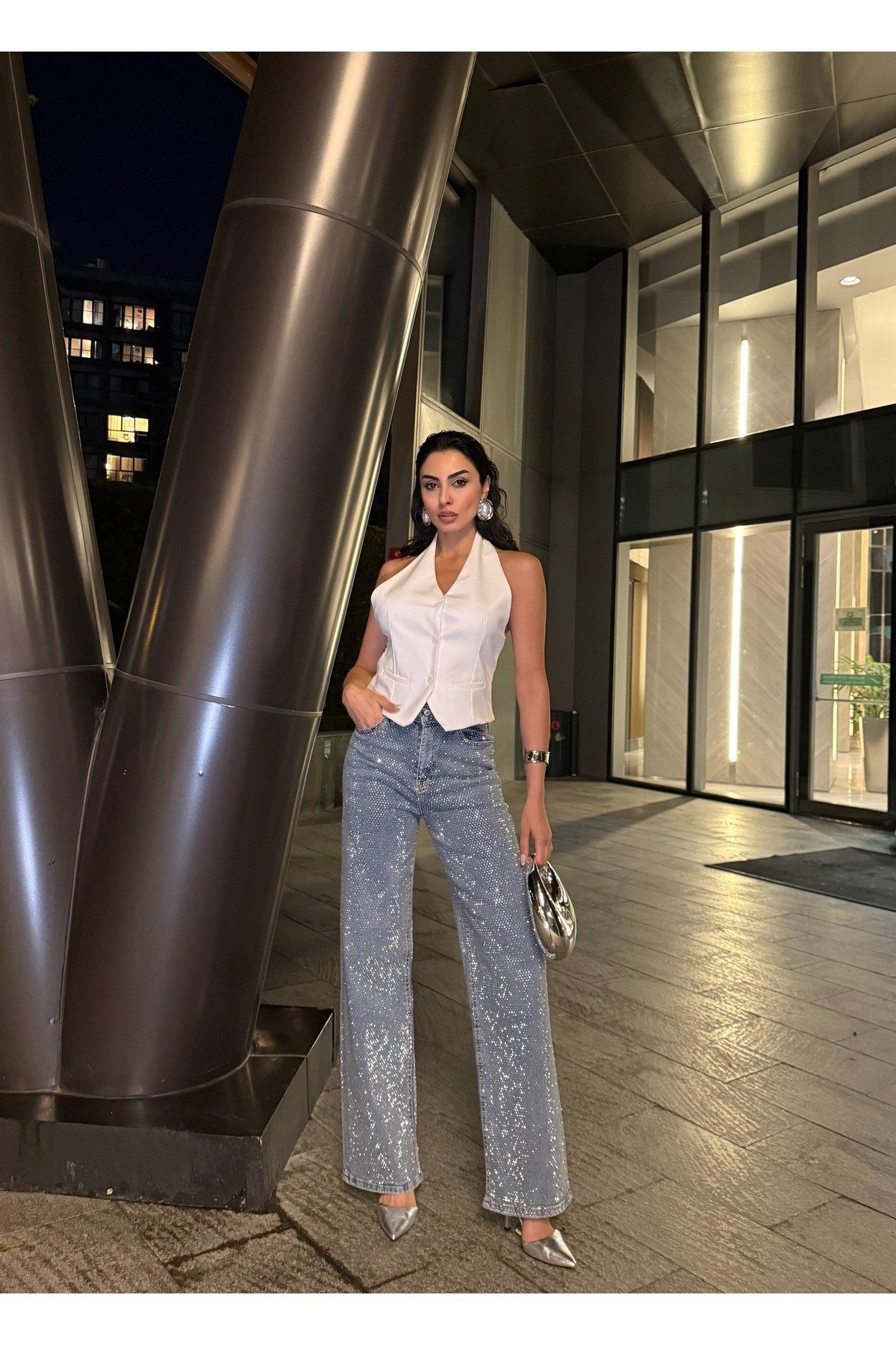 Ön Arka Full Premium Kristal Taşlı Palazzo Jean