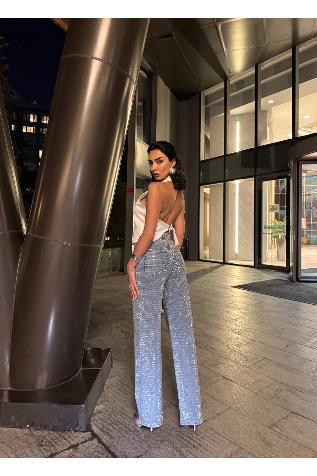 Ön Arka Full Premium Kristal Taşlı Palazzo Jean