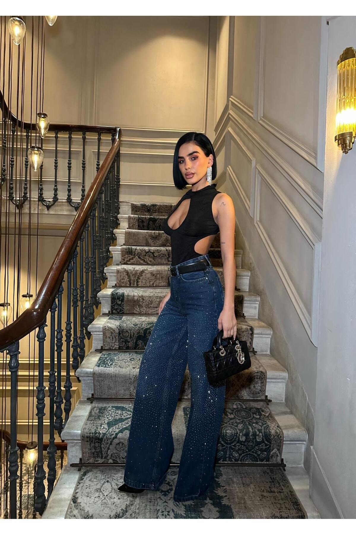 Ön Arka Full Taşlı Jean Pantolon