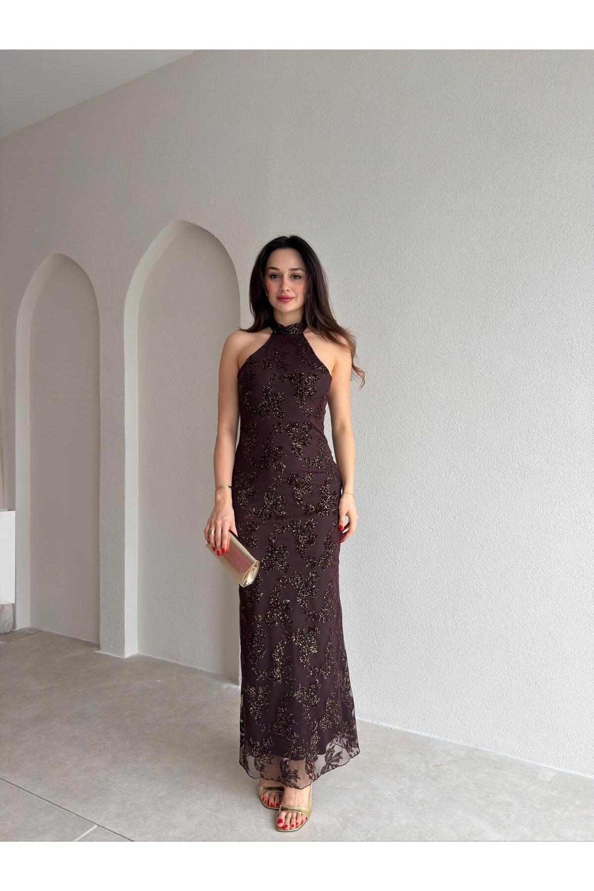 PERLA Simli Maxi Elbise 5450 - Acı Kahve