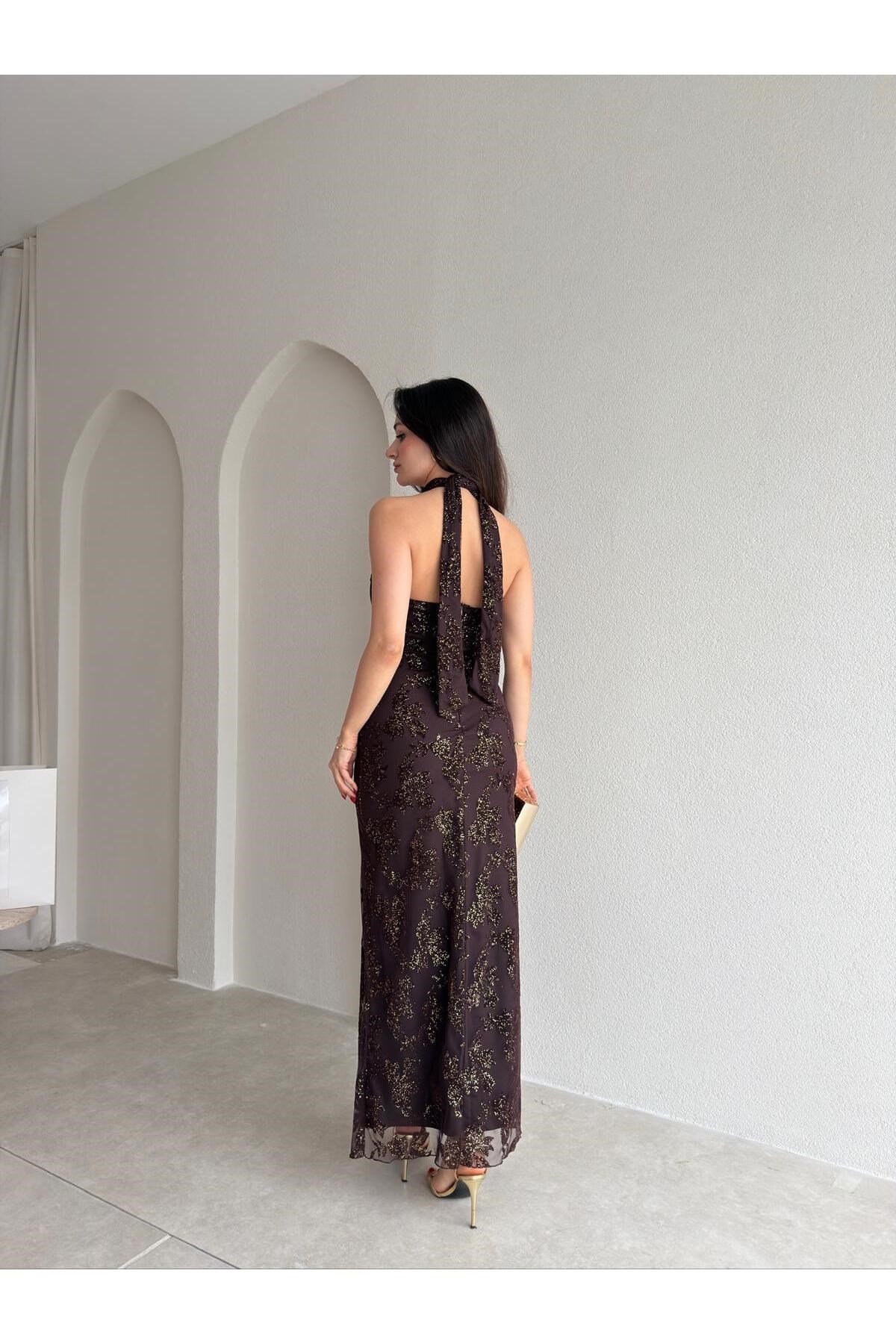 PERLA Simli Maxi Elbise 5450 - Acı Kahve