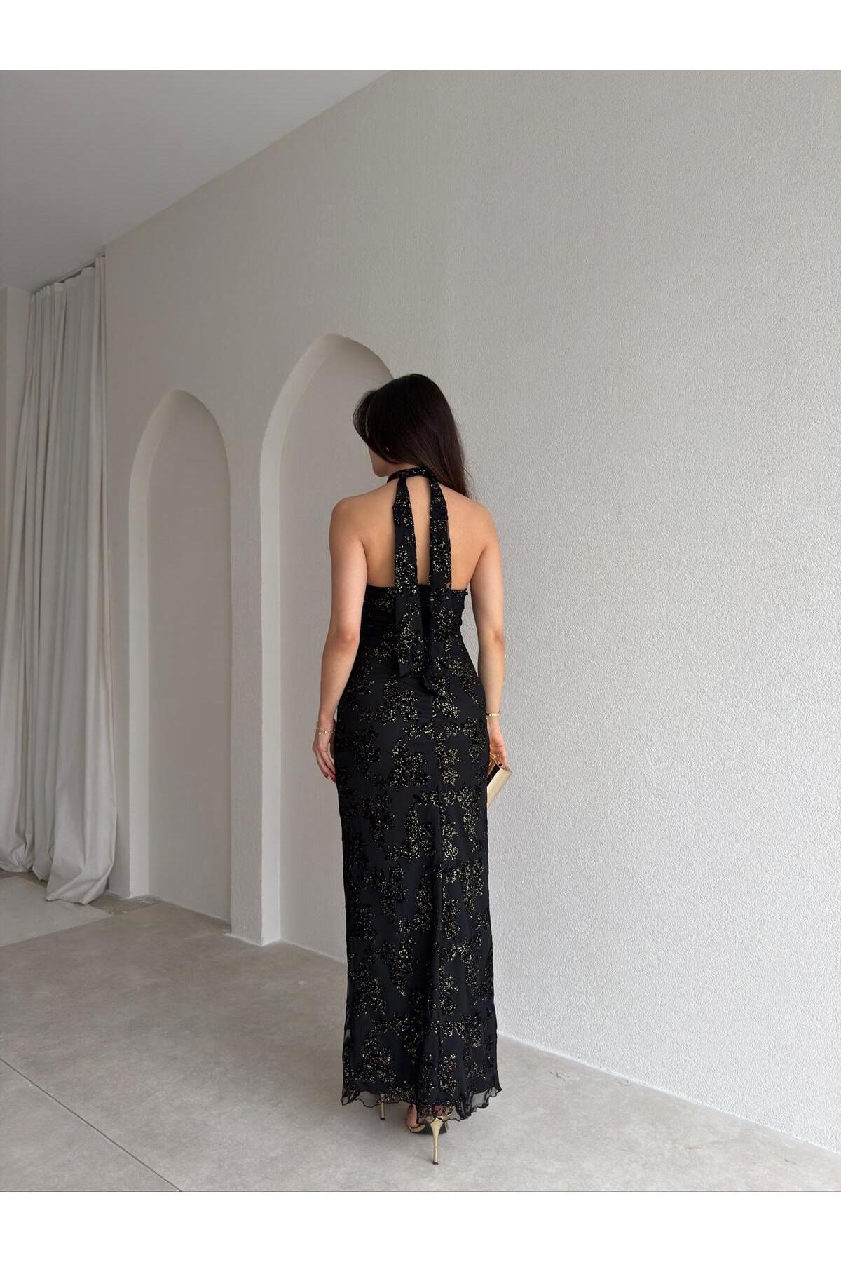PERLA Simli Maxi Elbise 5450 - Siyah