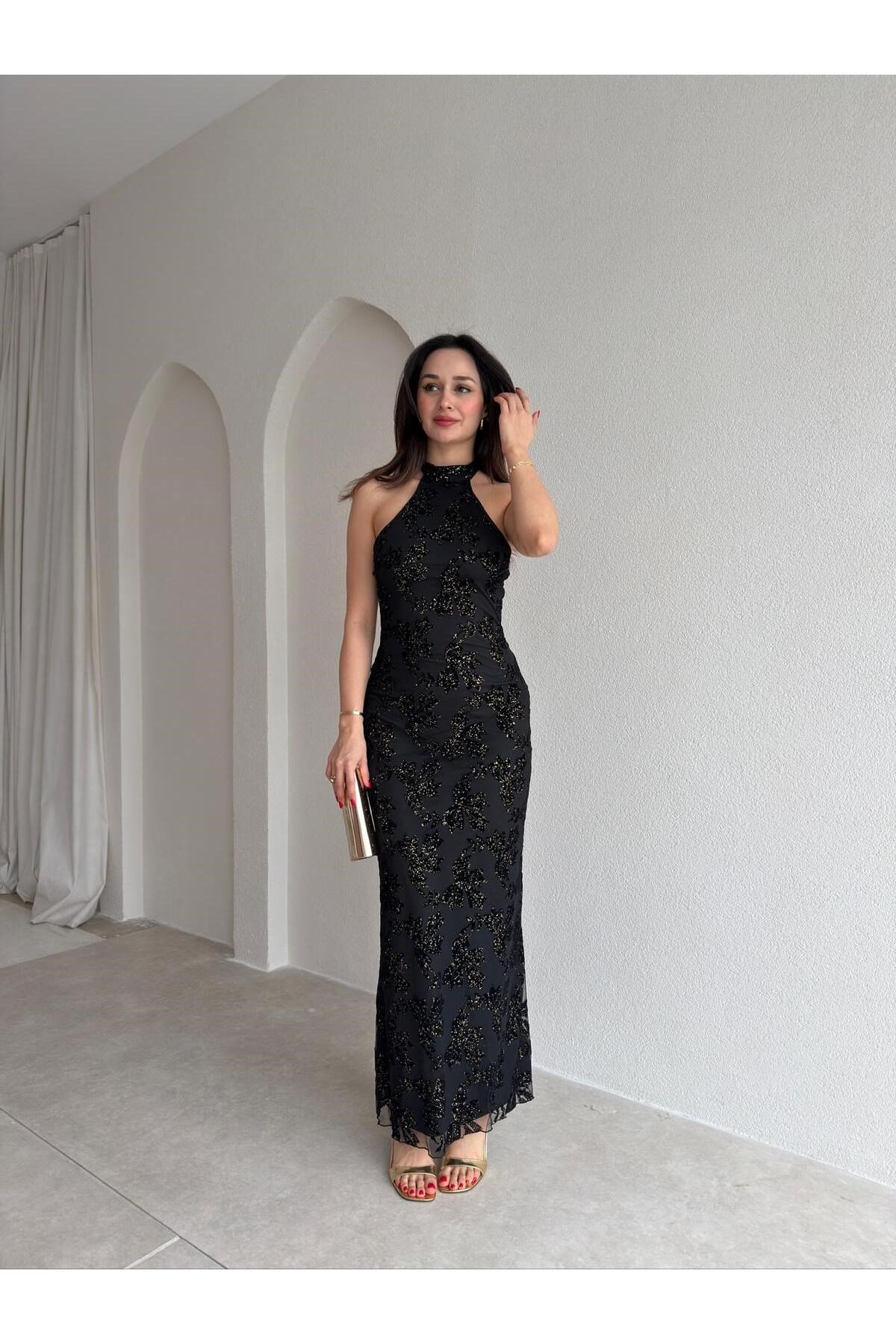 PERLA Simli Maxi Elbise 5450 - Siyah