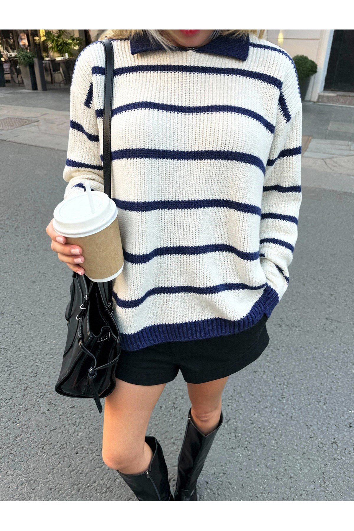 Selanik Örgü Polo Yaka Oversize Zr Model Kadın Triko Kazak