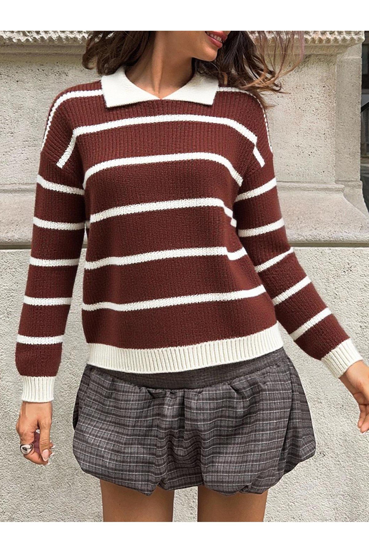 Selanik Örgü Polo Yaka Oversize Zr Model Kadın Triko Kazak