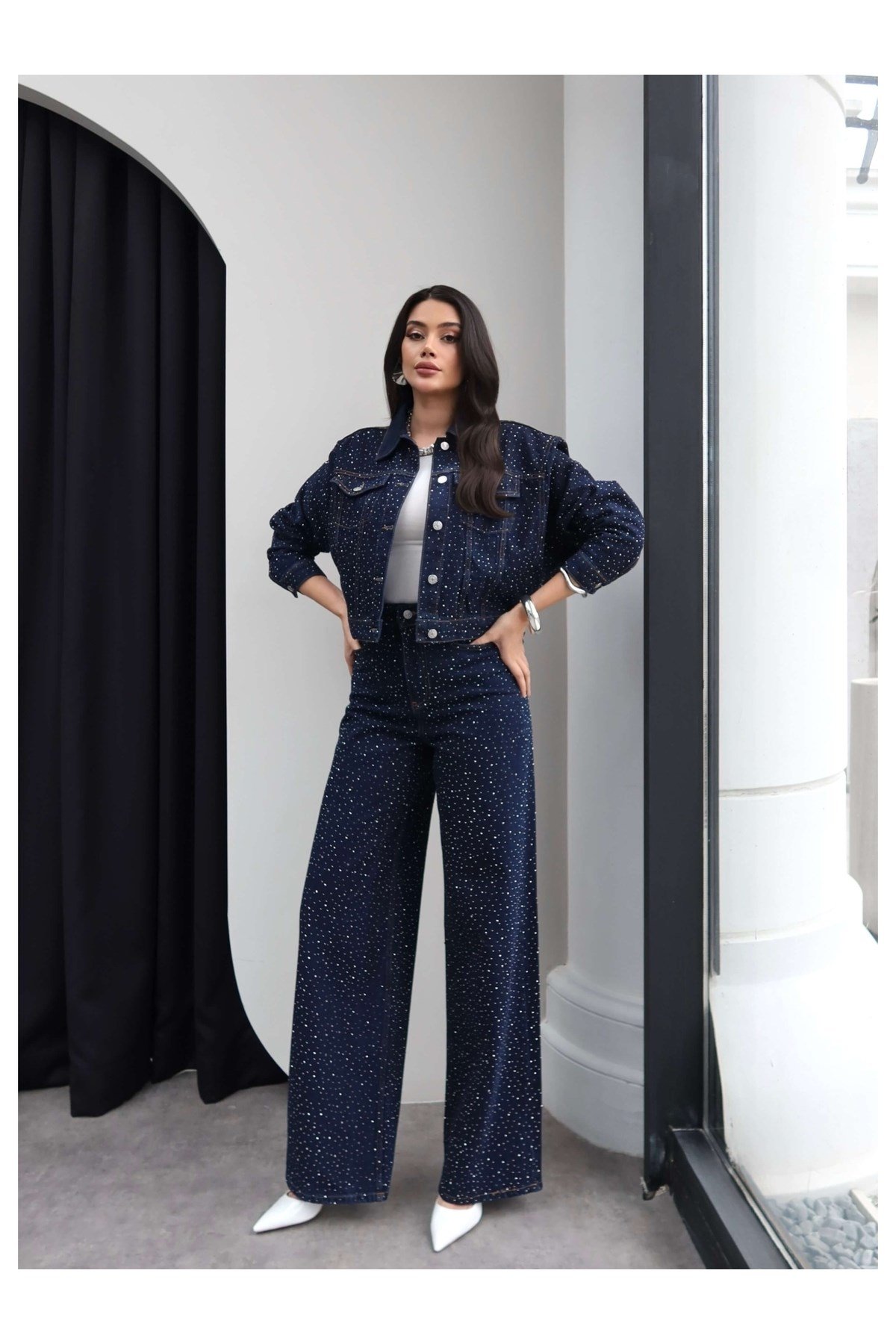 Taş Baskılı Denim İkili Takım