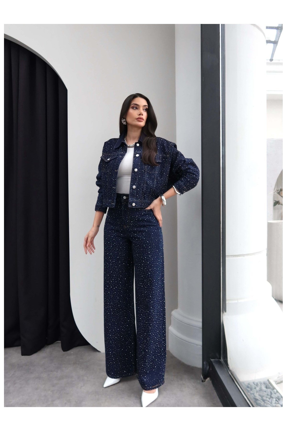 Taş Baskılı Denim İkili Takım