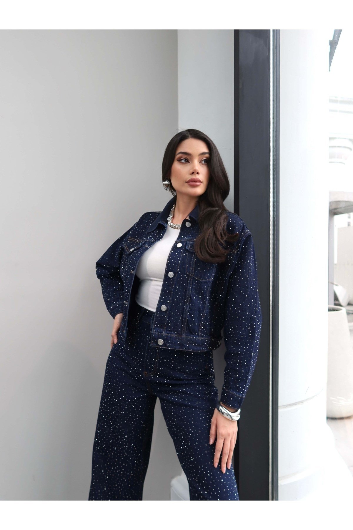 Taş Baskılı Denim İkili Takım