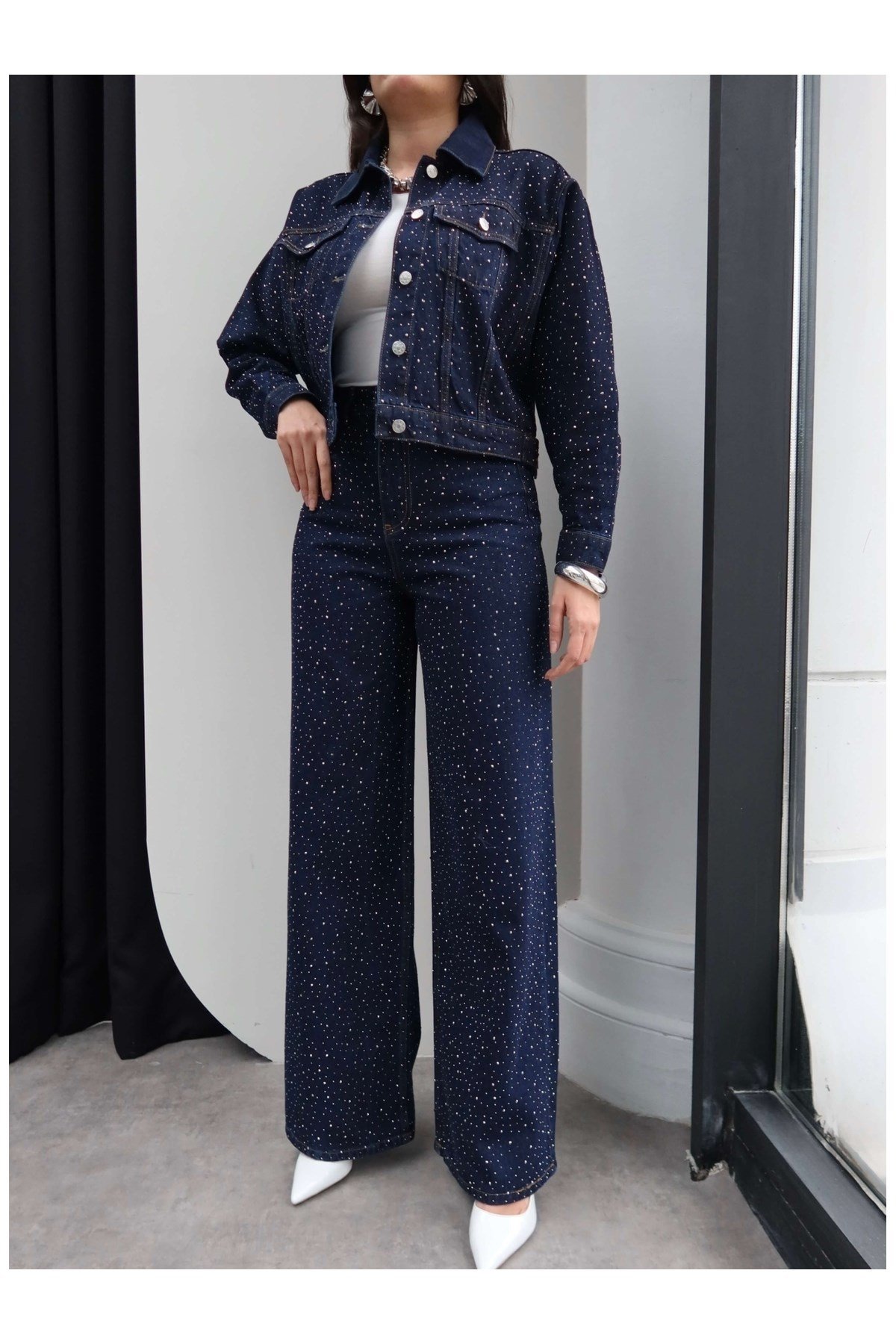 Taş Baskılı Denim İkili Takım