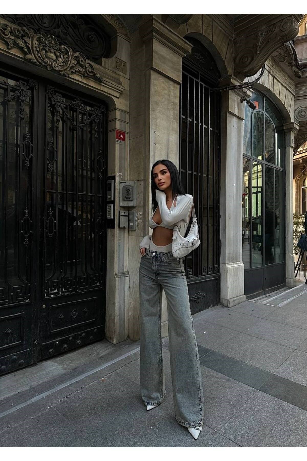Tint Yeşili Kadın Wide Leg Jean Yüksek Bel Palazzo Likralı Esnek Kot Pantolon