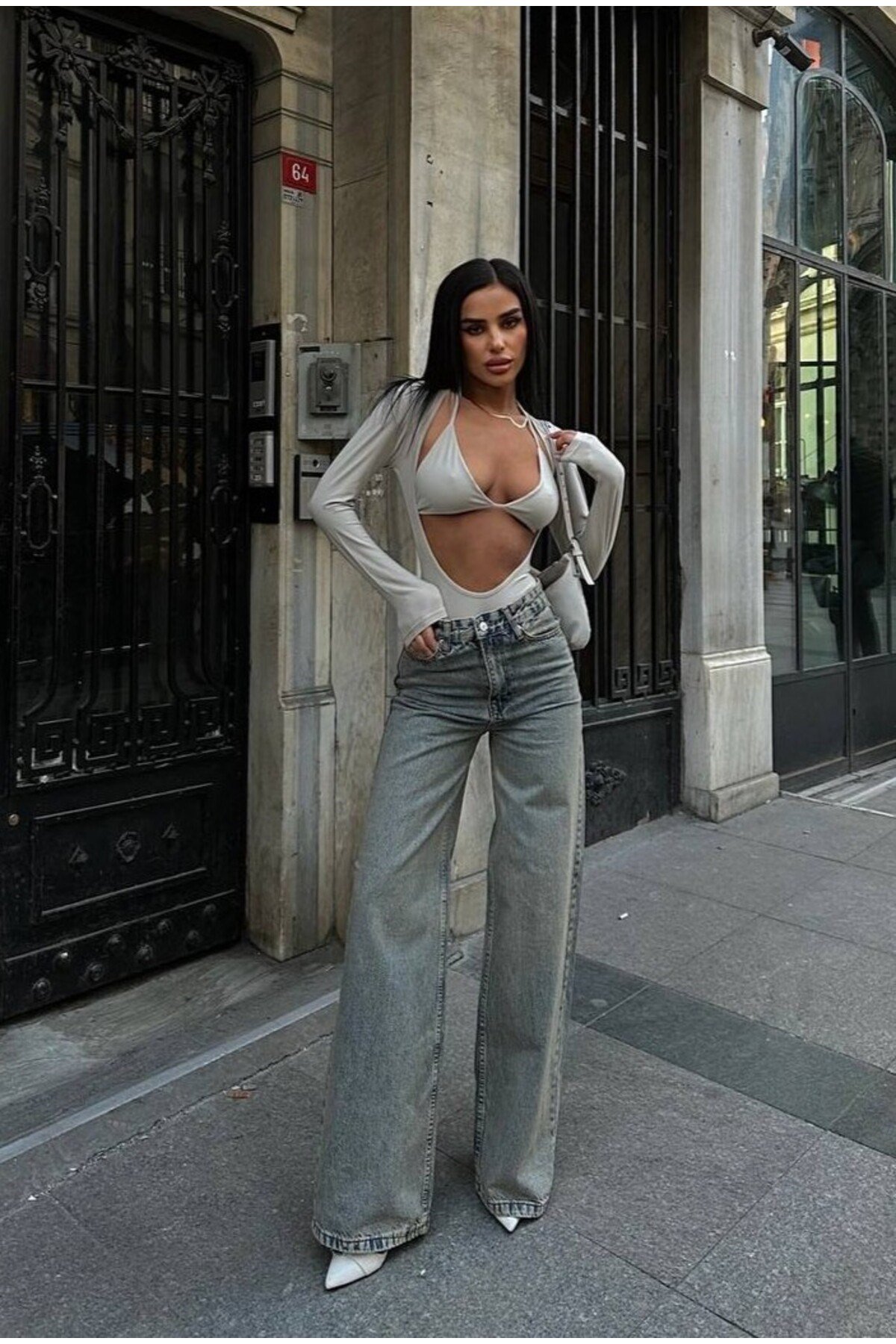 Tint Yeşili Kadın Wide Leg Jean Yüksek Bel Palazzo Likralı Esnek Kot Pantolon