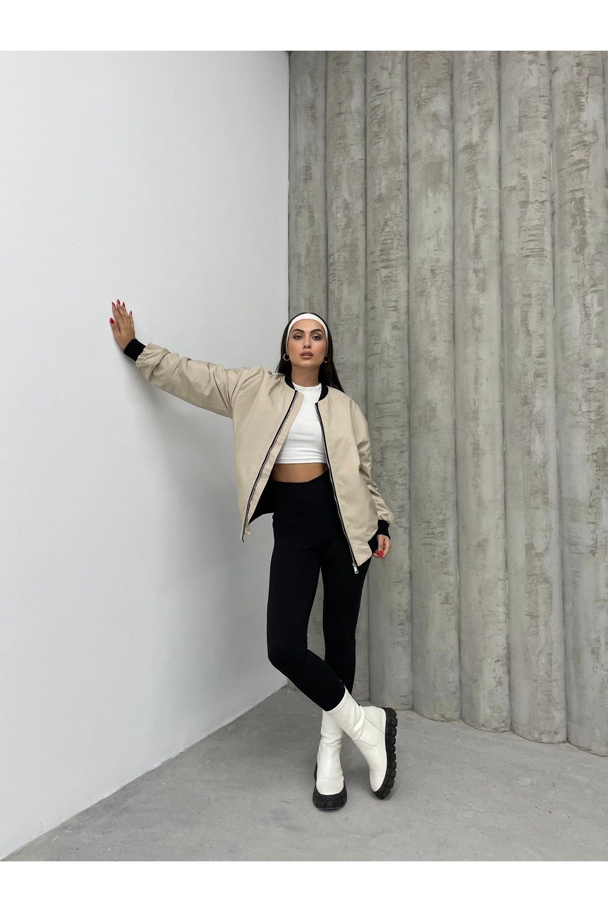 Unisex Bej Oversize Bomber Ceket LQ0002