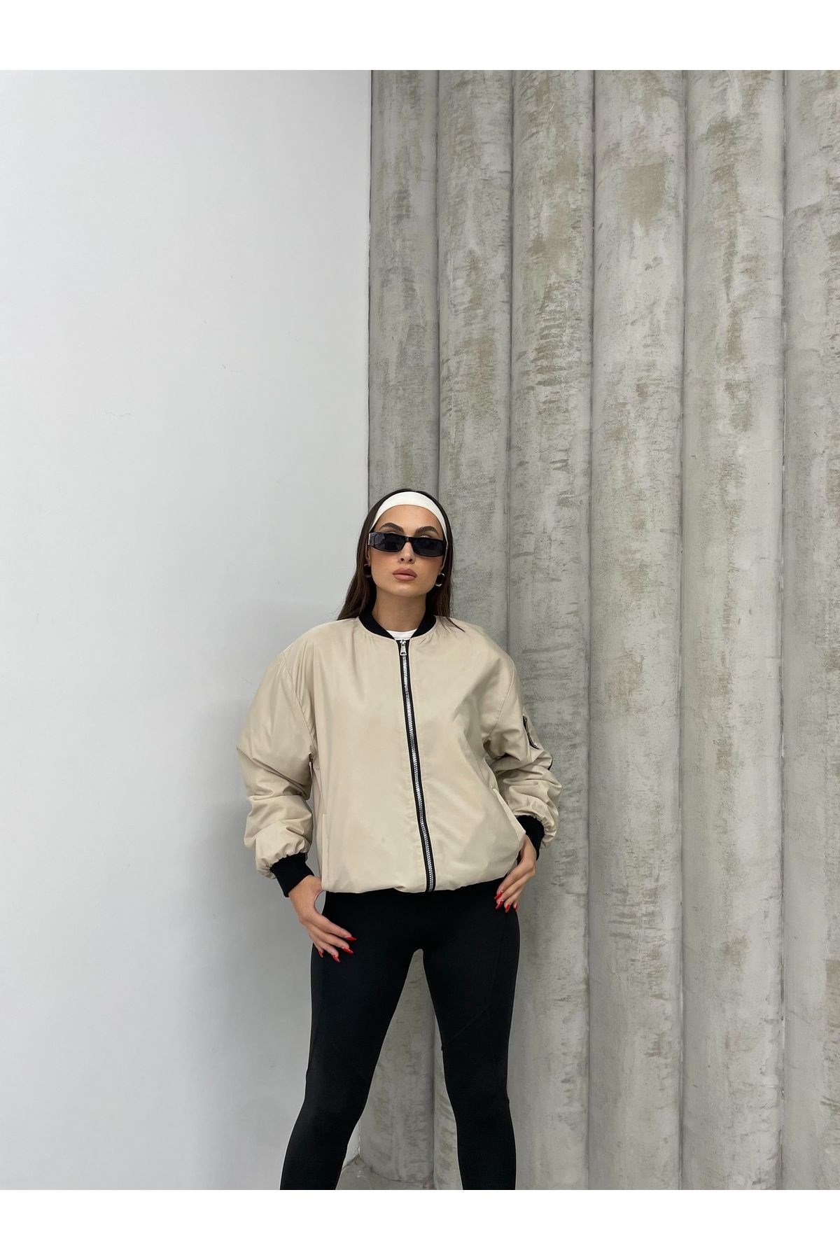 Unisex Bej Oversize Bomber Ceket LQ0002