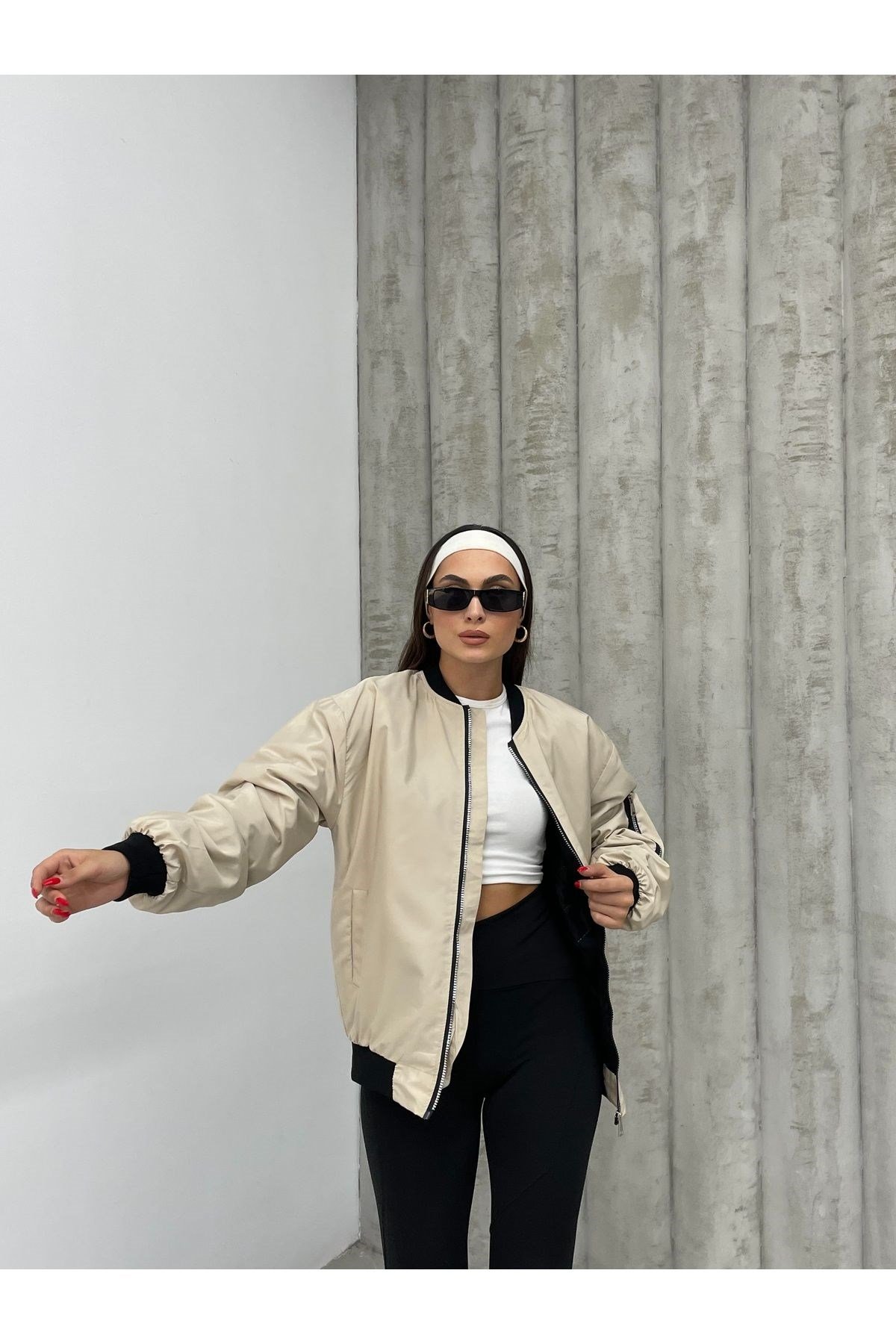 Unisex Bej Oversize Bomber Ceket LQ0002