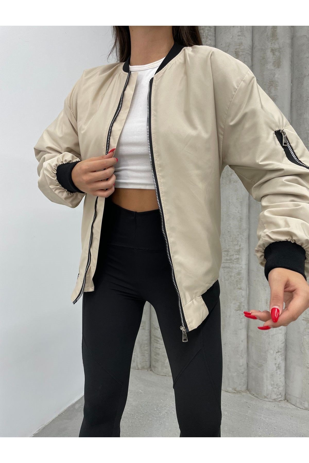 Unisex Bej Oversize Bomber Ceket LQ0002