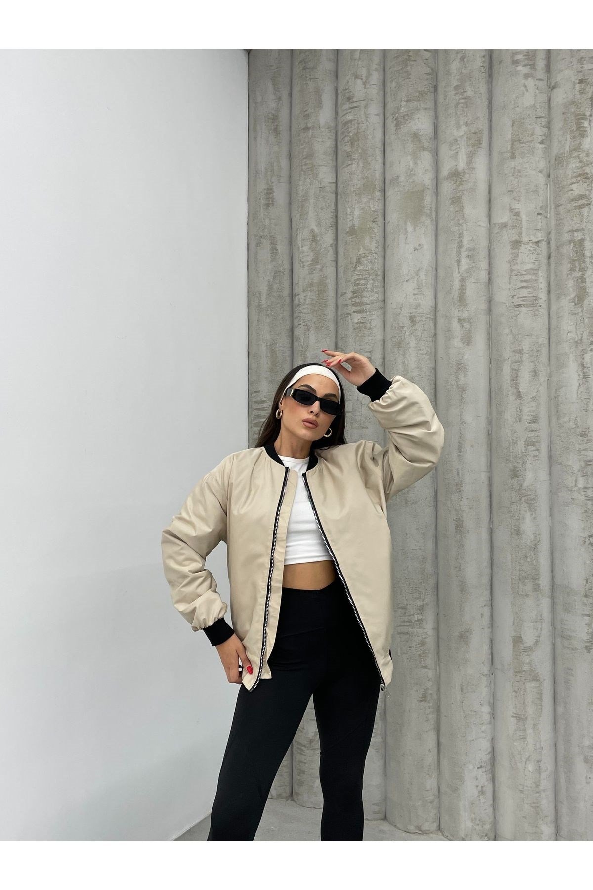 Unisex Bej Oversize Bomber Ceket LQ0002