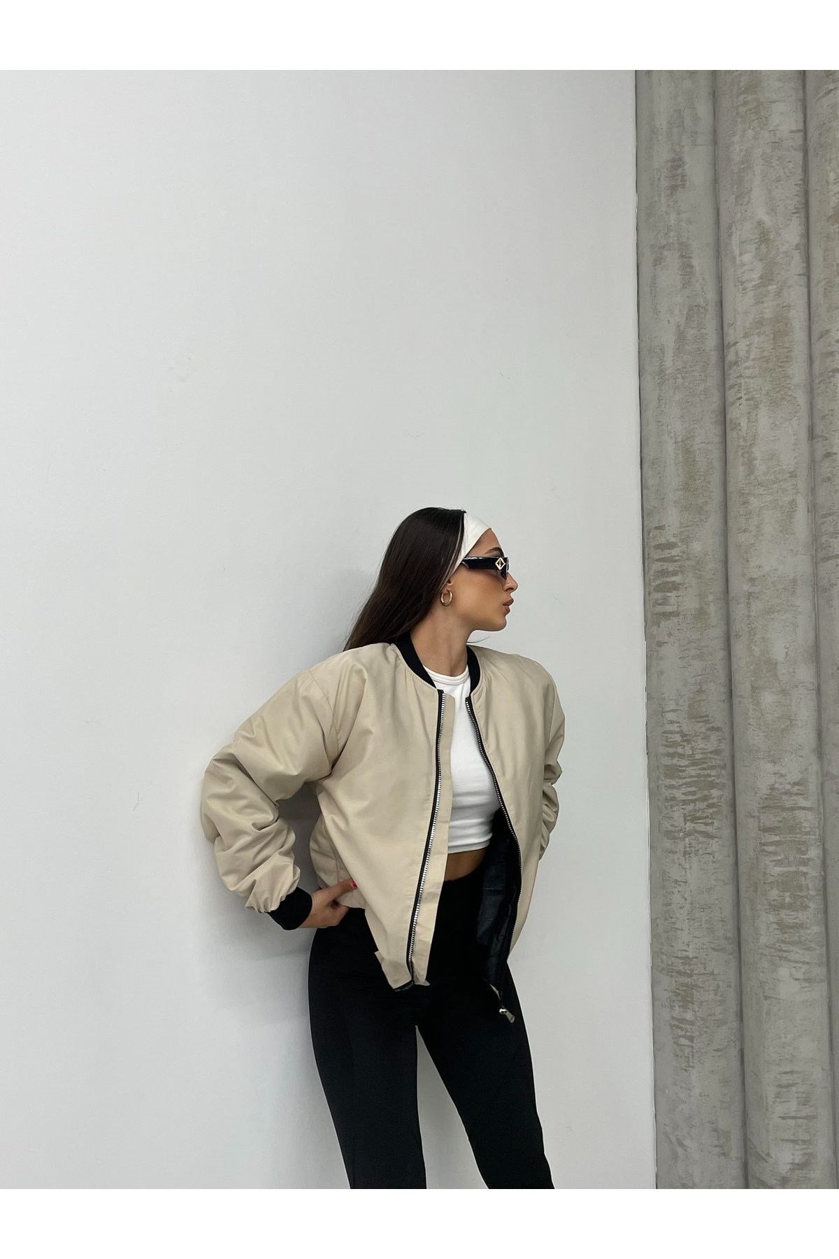 Unisex Bej Oversize Bomber Ceket LQ0002