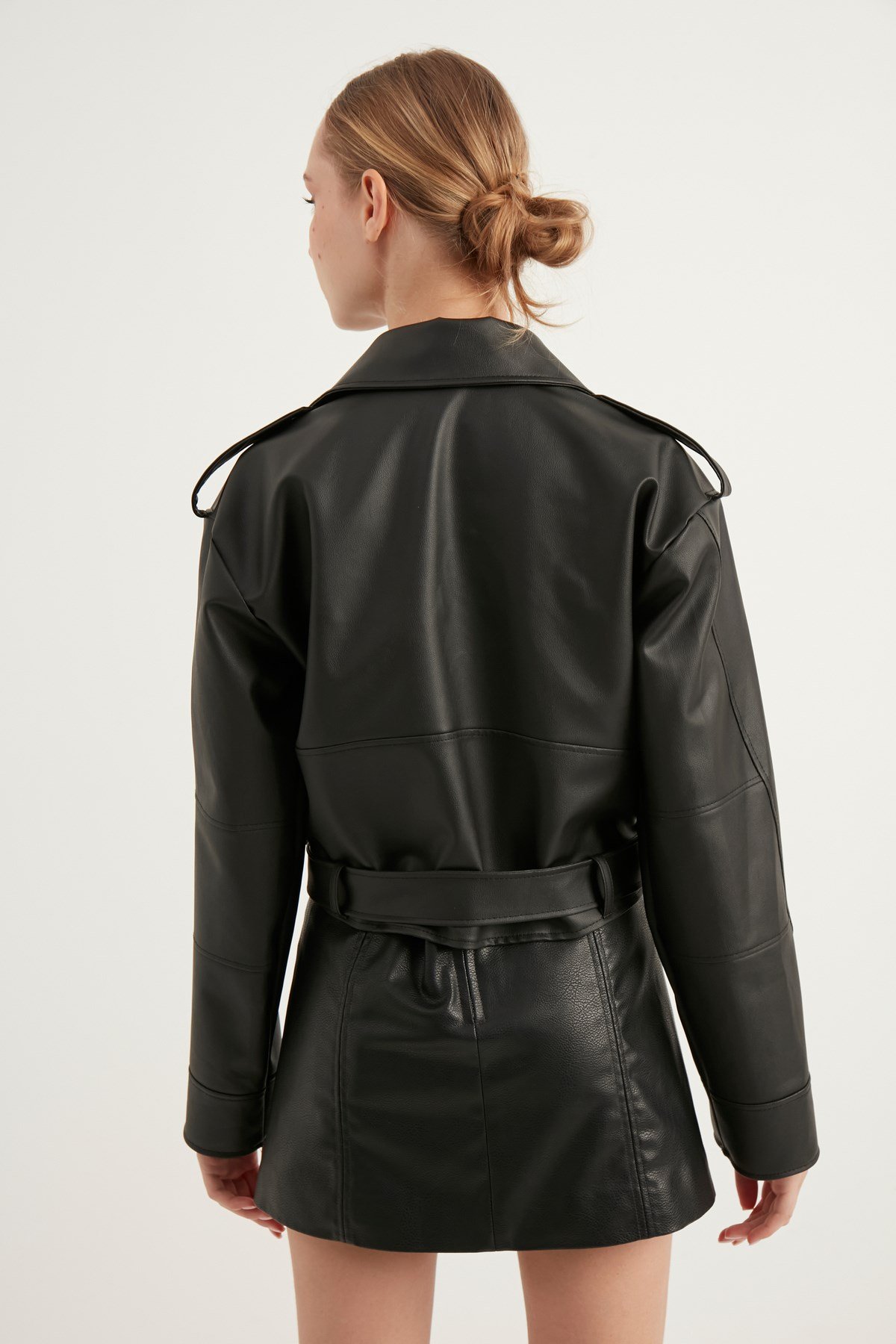 Yeni Sezon Oversize Kadın Siyah Biker Deri Ceket