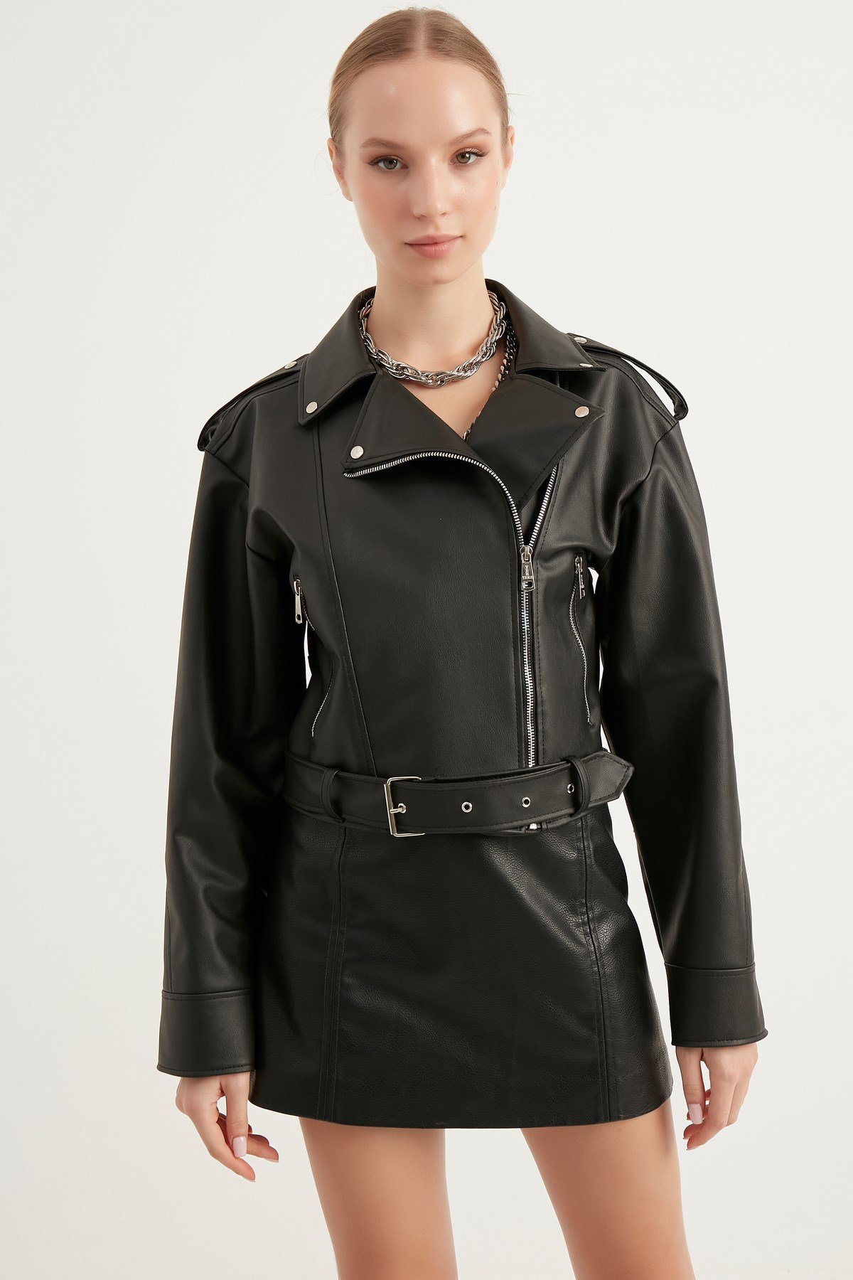 Yeni Sezon Oversize Kadın Siyah Biker Deri Ceket