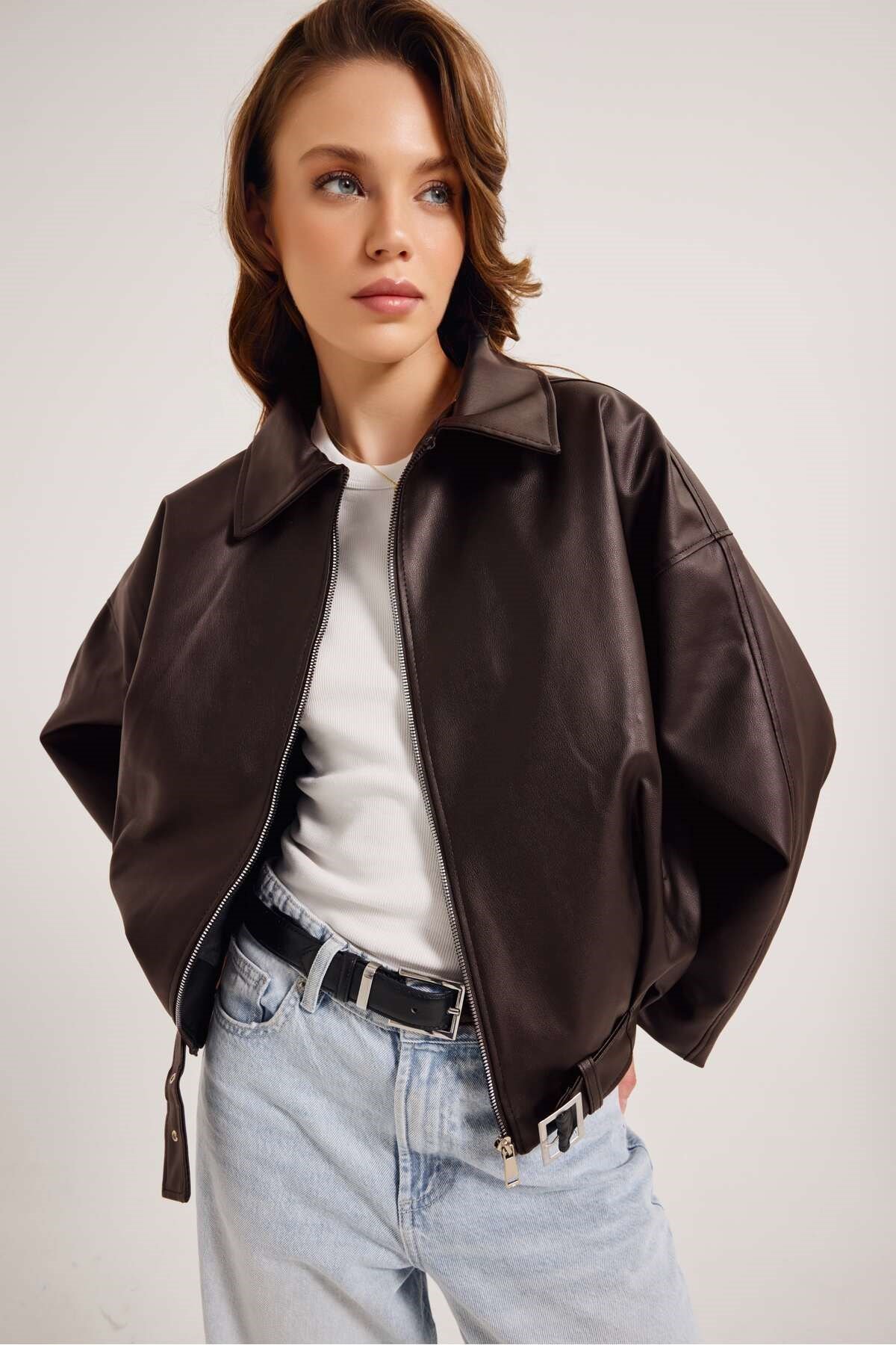 Yeni Sezon Suni Oversize Bomber Deri Ceket