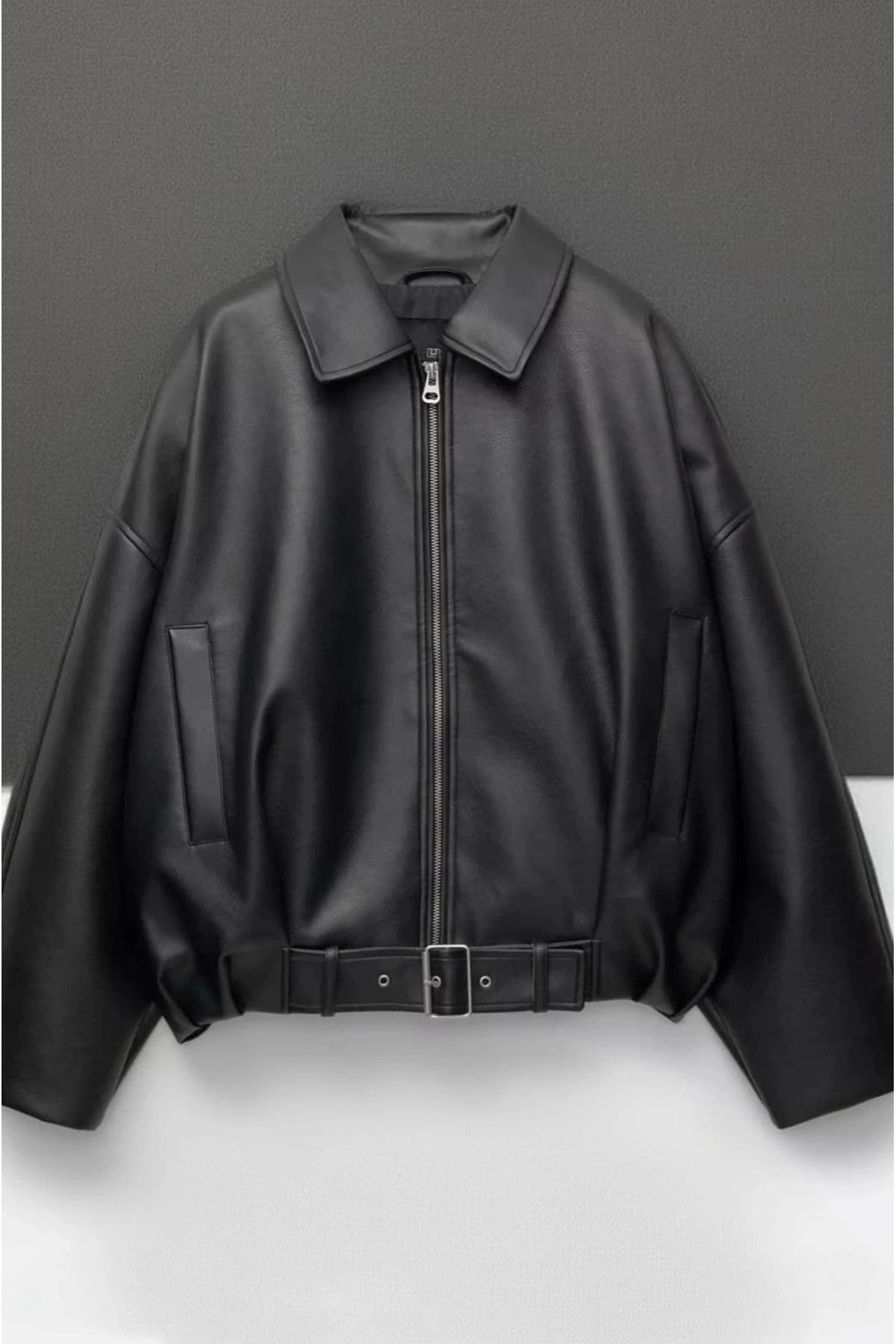 Yeni Sezon Suni Oversize Bomber Deri Ceket