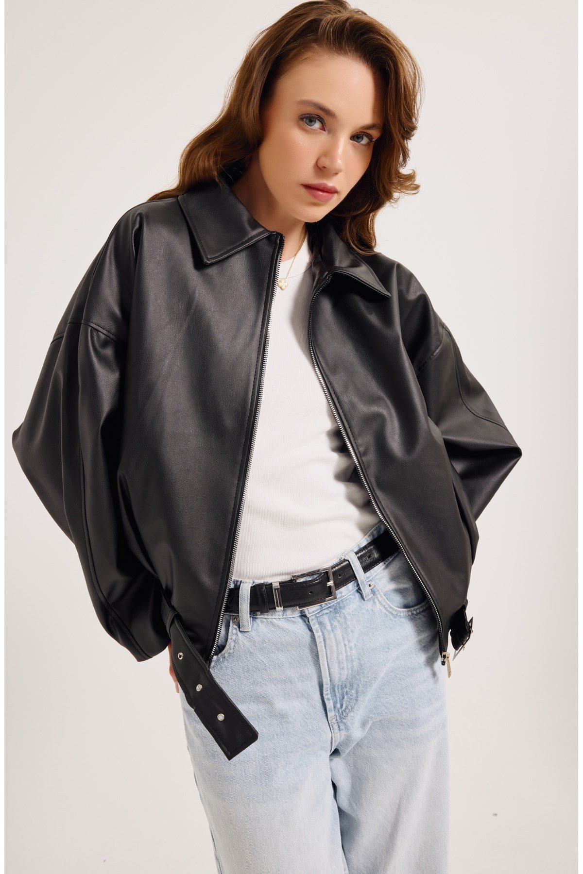 Yeni Sezon Suni Oversize Bomber Deri Ceket
