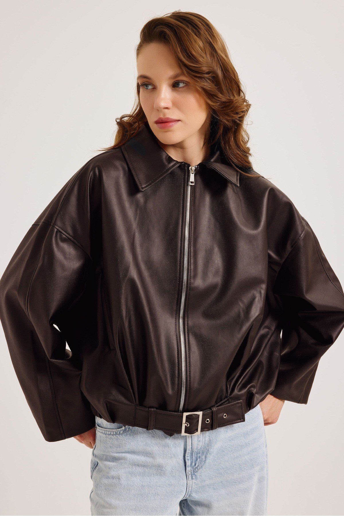 Yeni Sezon Suni Oversize Bomber Deri Ceket